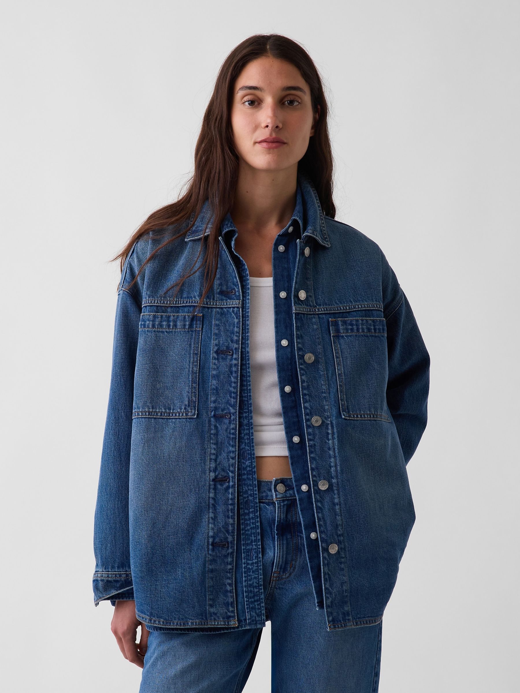 Medium Wash Denim Oversized Shirt Jacket - Image 1 of 4