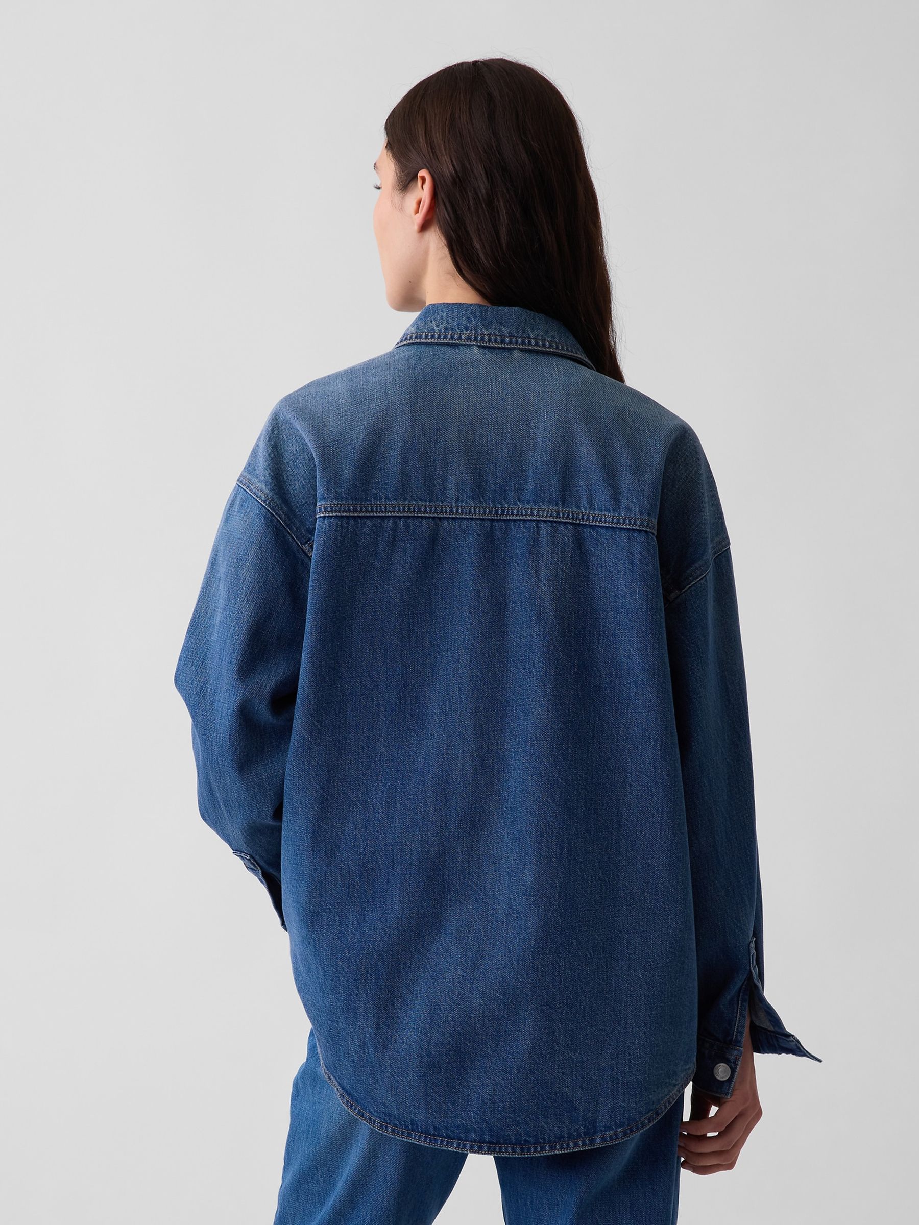 Medium Wash Denim Oversized Shirt Jacket - Image 2 of 4