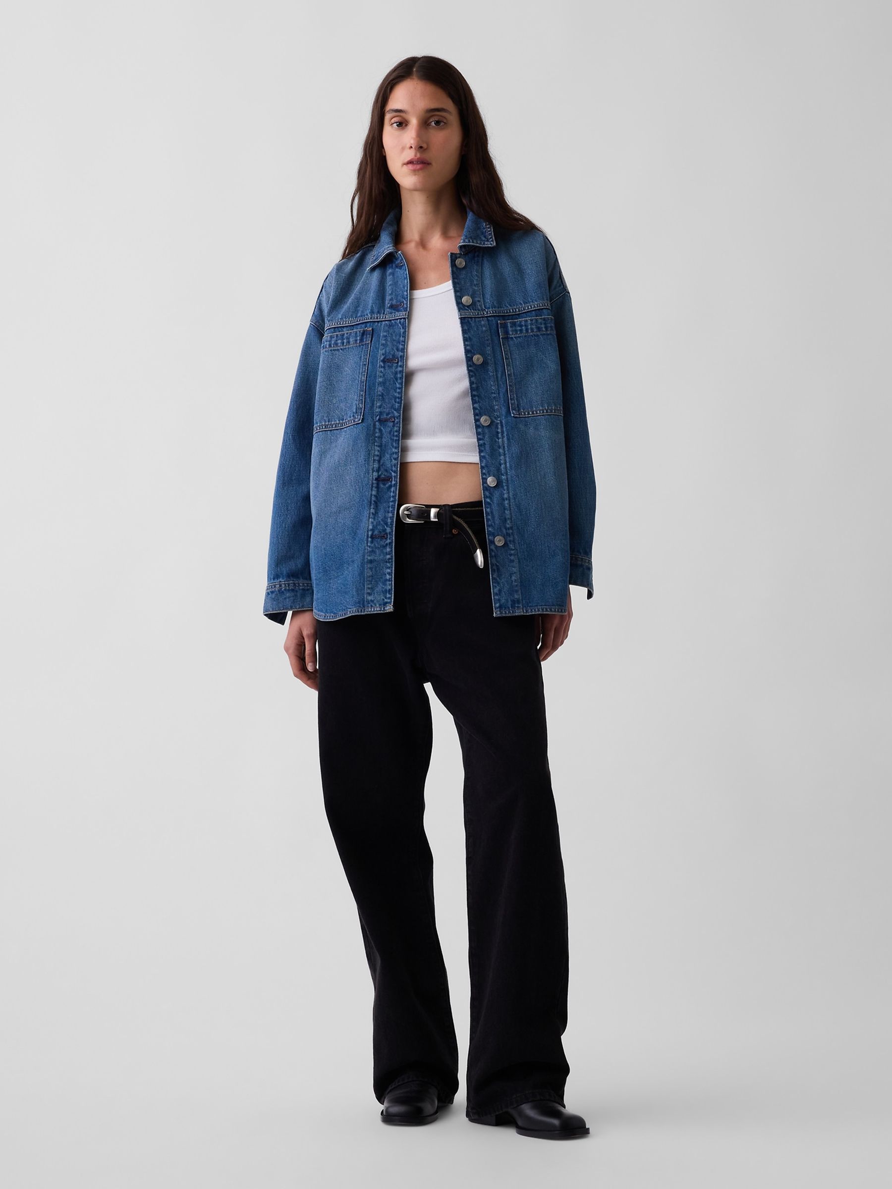 Medium Wash Denim Oversized Shirt Jacket - Image 3 of 4