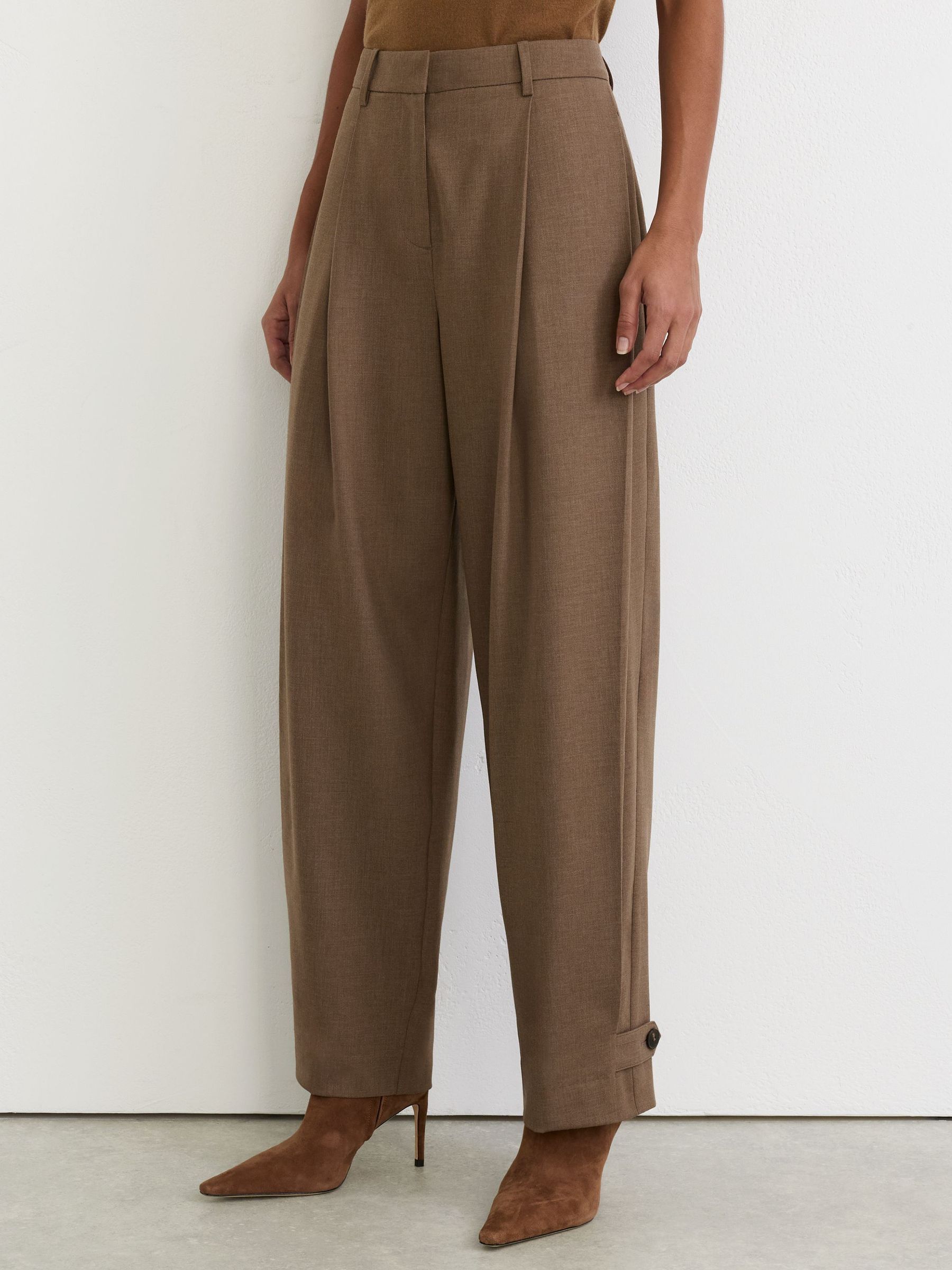 Regular Barrel-Leg Button-Tab Pleated Trousers in Khaki Green - Image 3 of 7