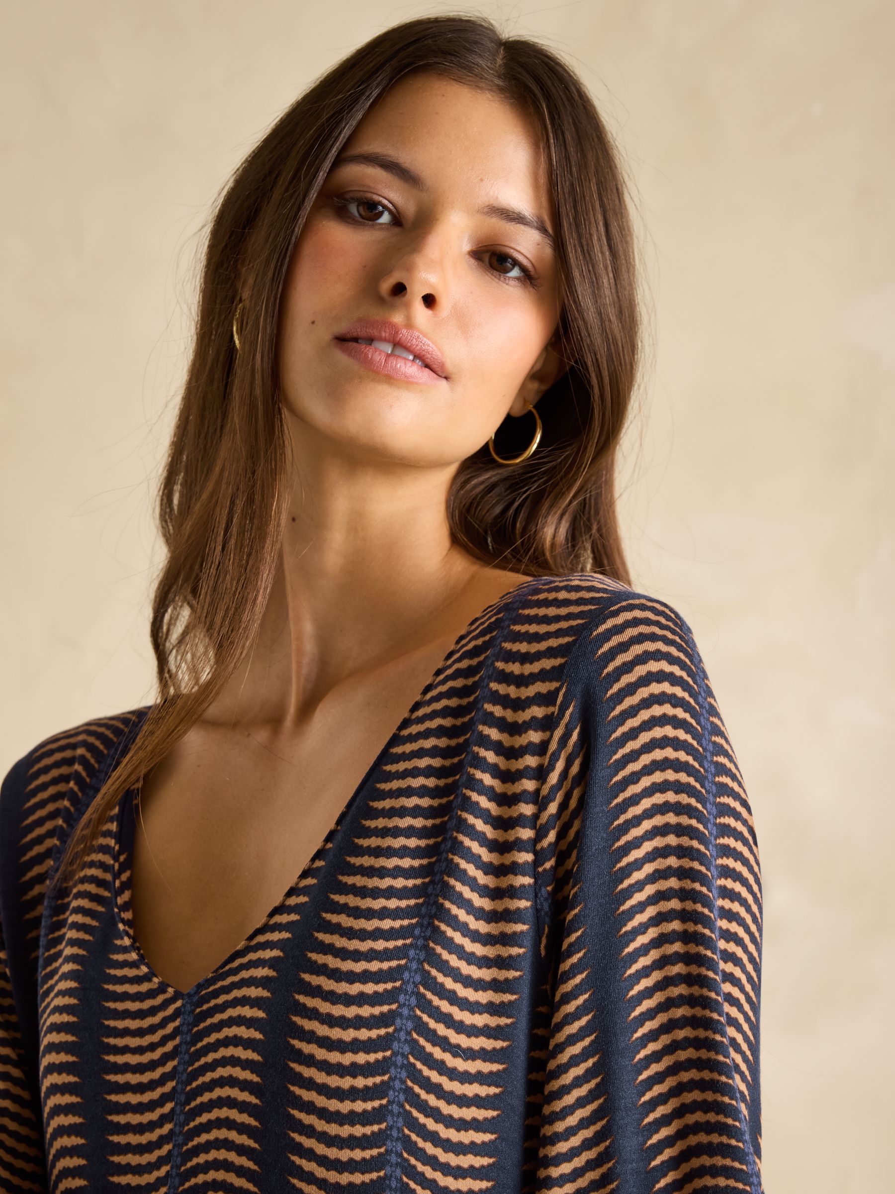 Nia Navy Blue & Tan V-Neck Long Sleeve Midaxi Dress | Joules Nia Navy Blue & Tan V-Neck Long Sleeve Midaxi Dress | Joules