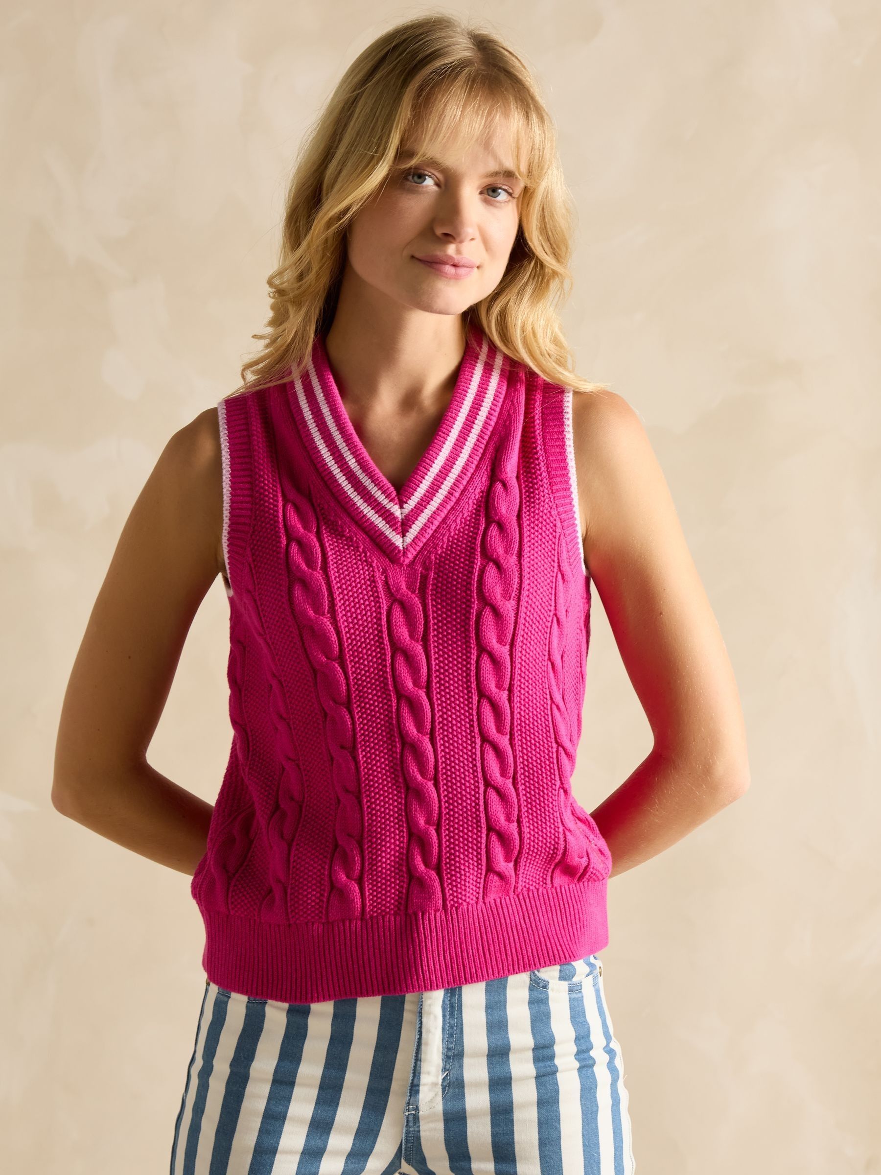 Deuce Pink Cable Knitted Cotton Vest | Joules