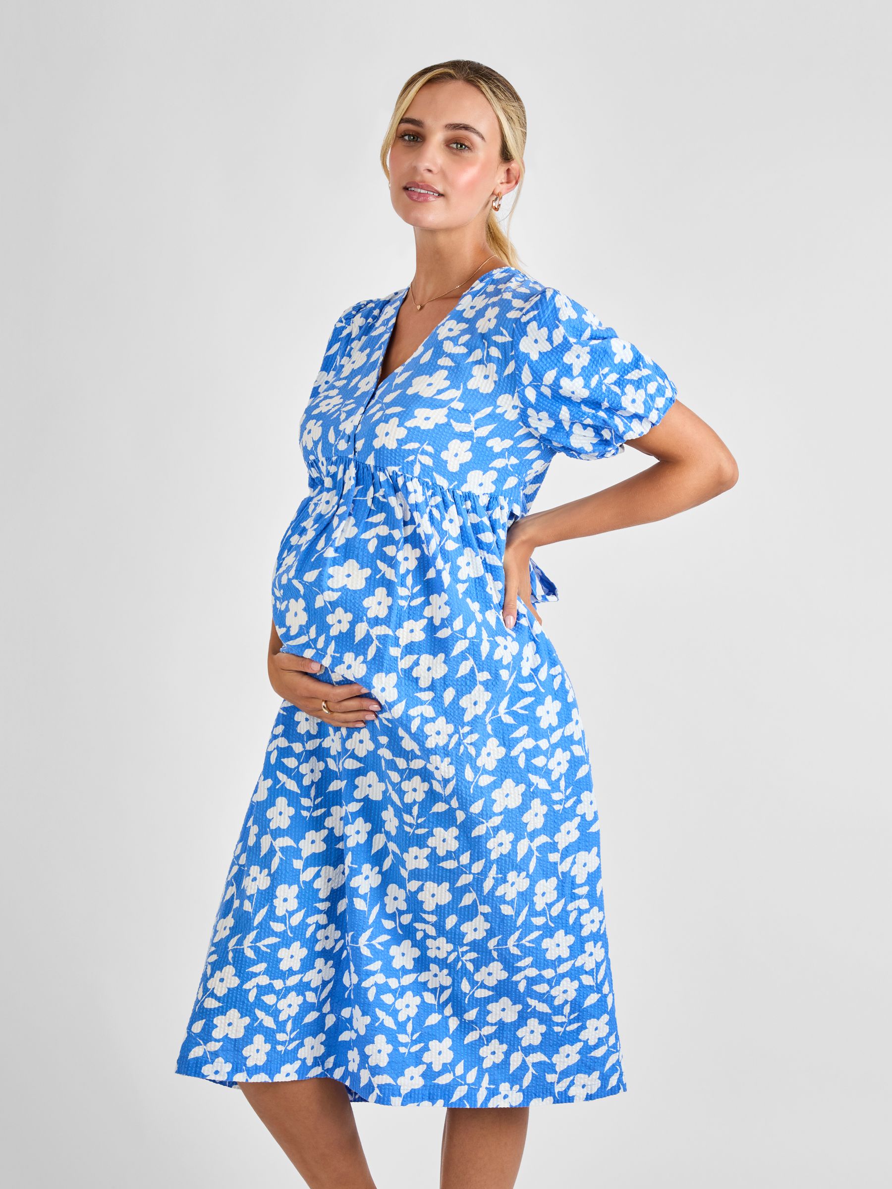 Blue Floral Print Maternity Midi Dress - Image 3 of 4