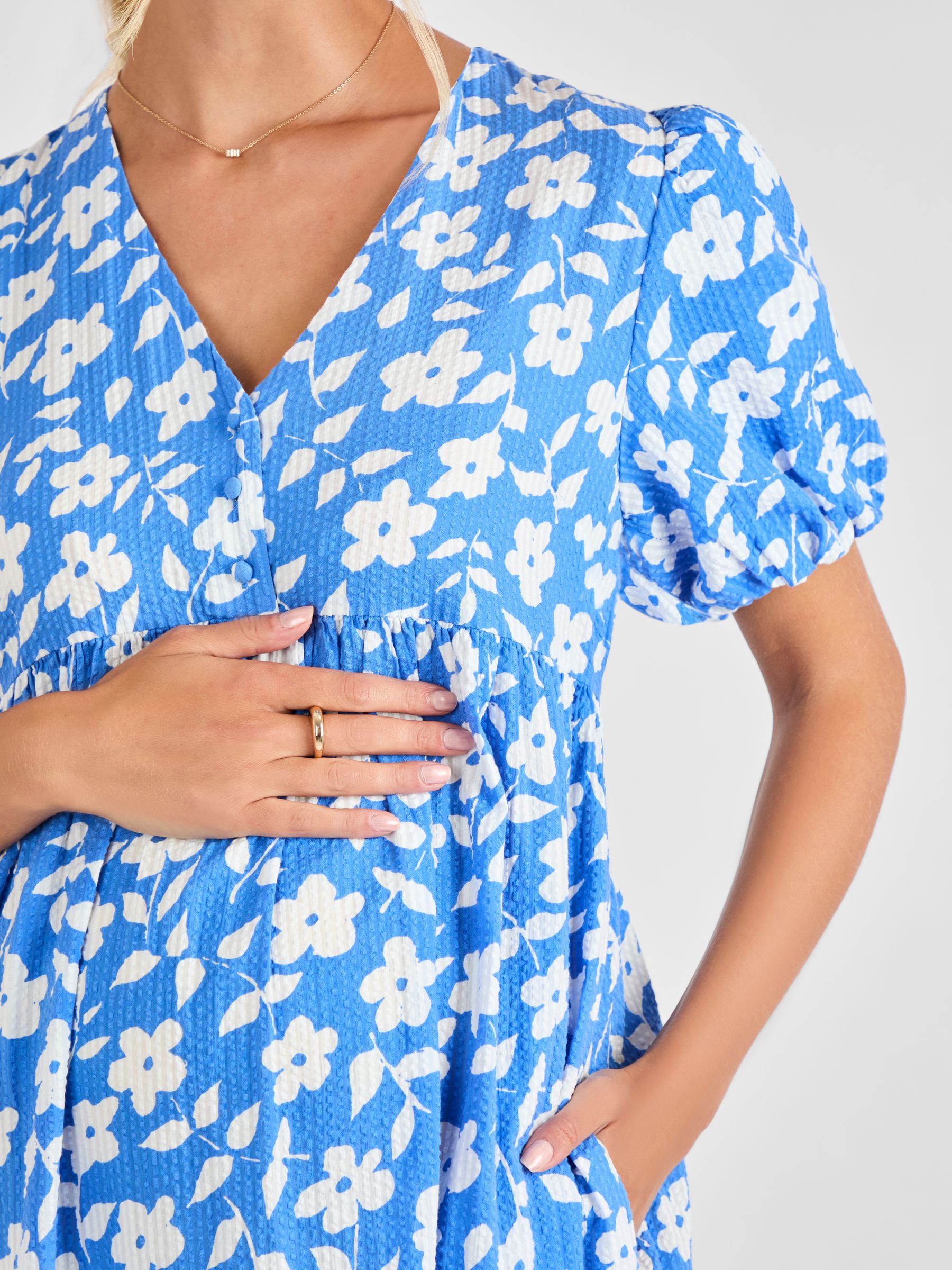 Blue Floral Print Maternity Midi Dress - Image 4 of 4