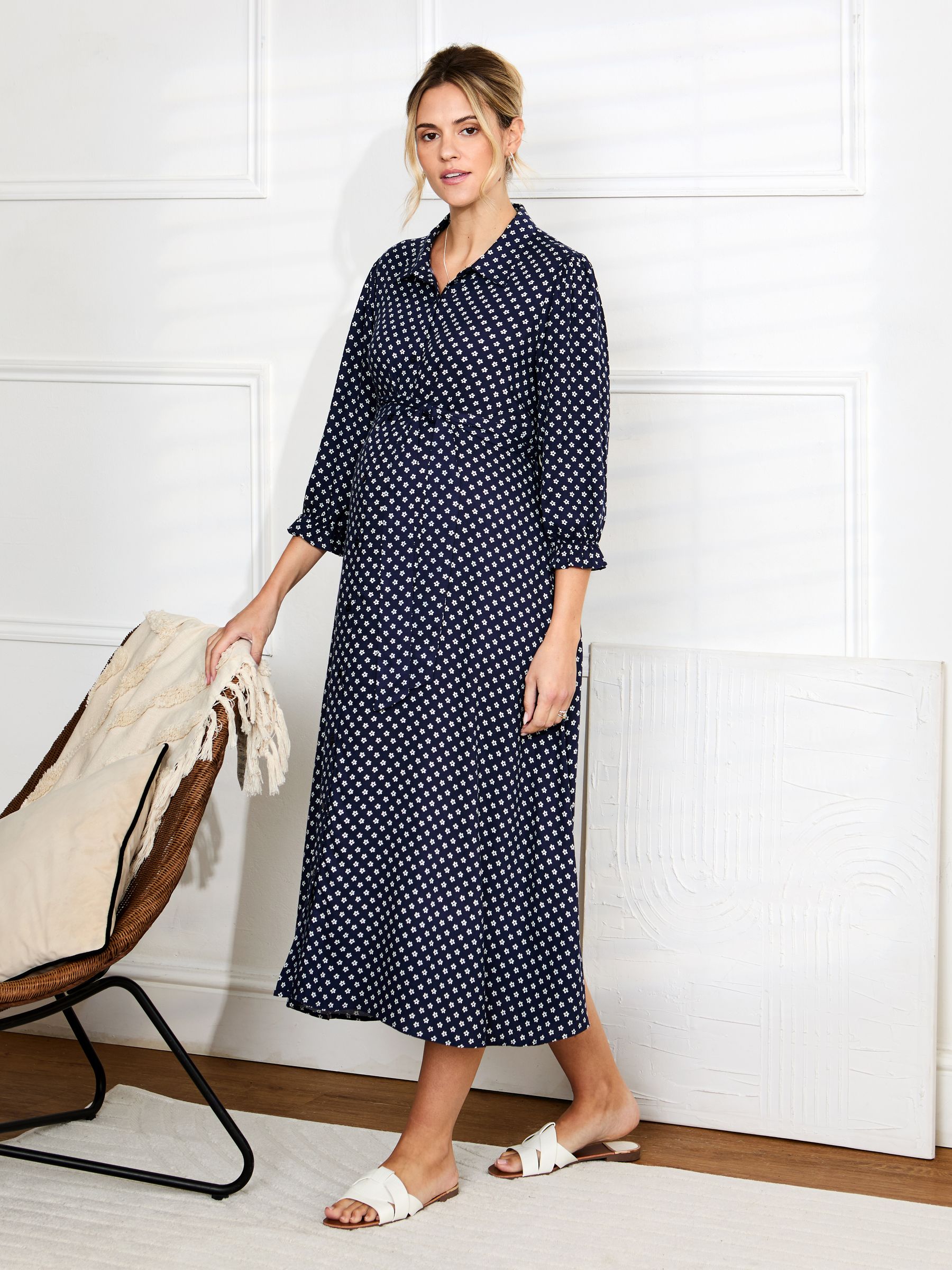 Navy Floral Button Through Maternity Midi Shirt Dress - Image 1 of 5