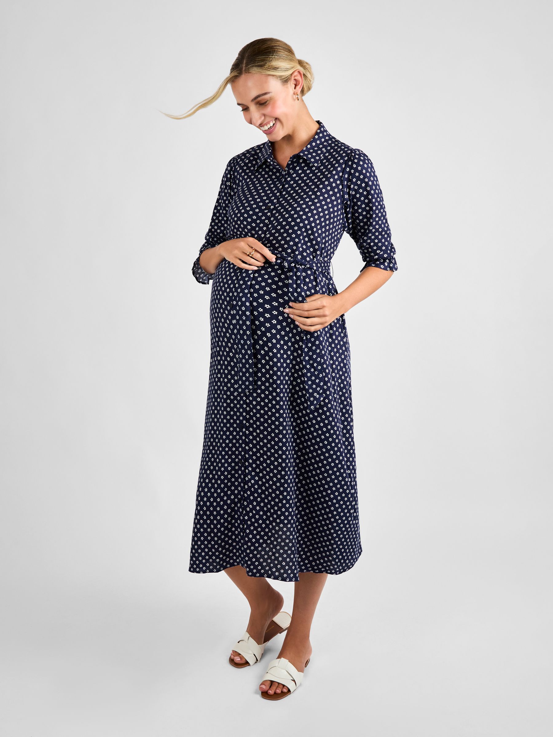 Navy Floral Button Through Maternity Midi Shirt Dress - Image 2 of 5