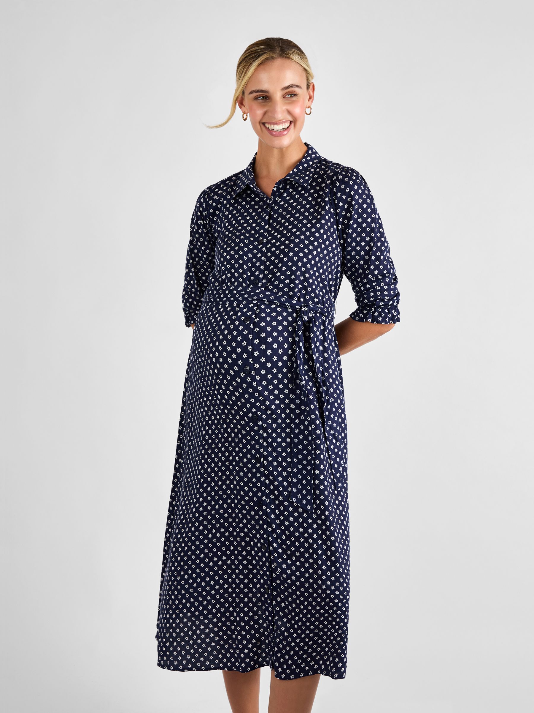 Navy Floral Button Through Maternity Midi Shirt Dress - Image 4 of 5