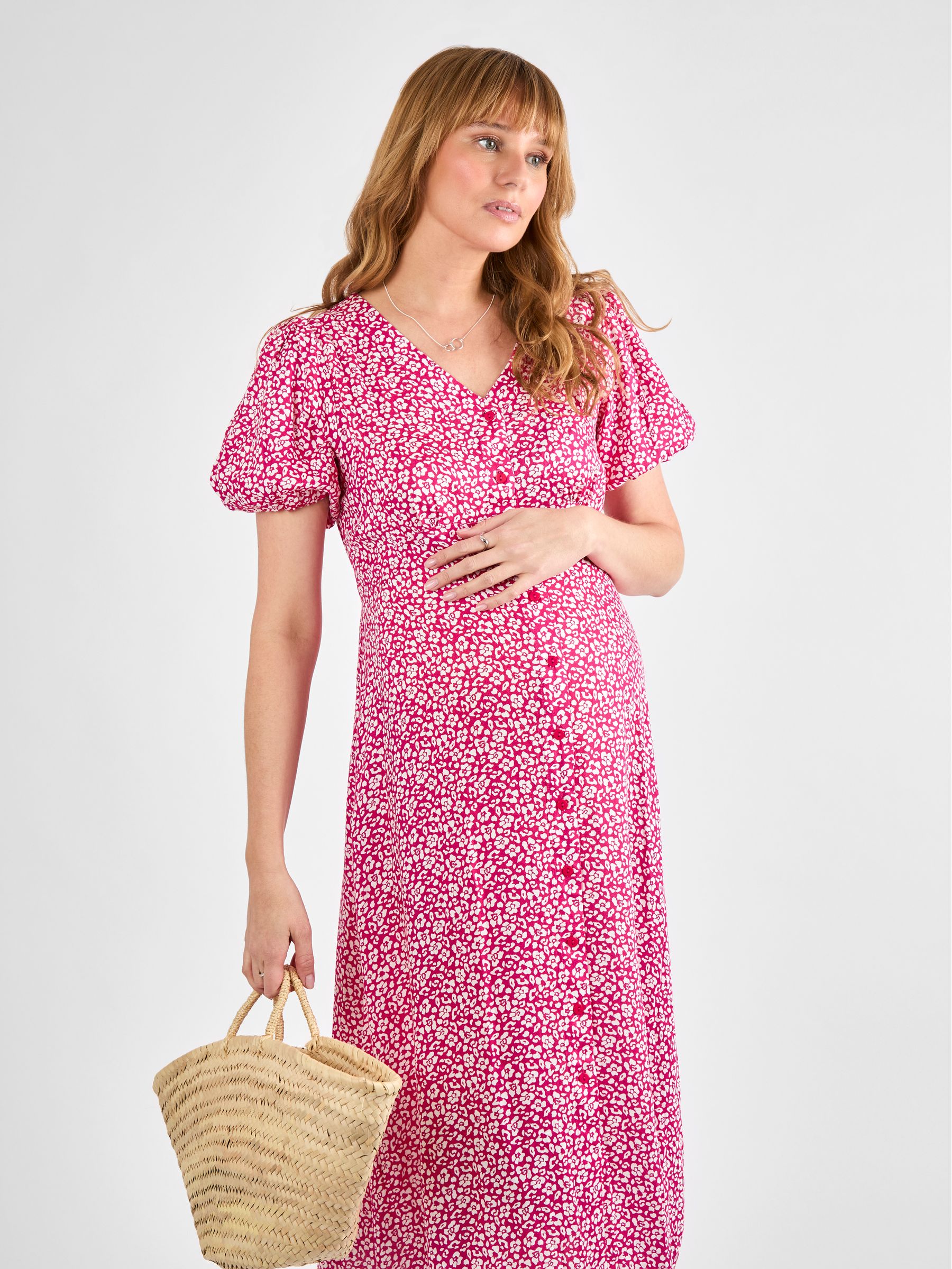 Pink Floral Maternity Midi Dress - Image 1 of 4