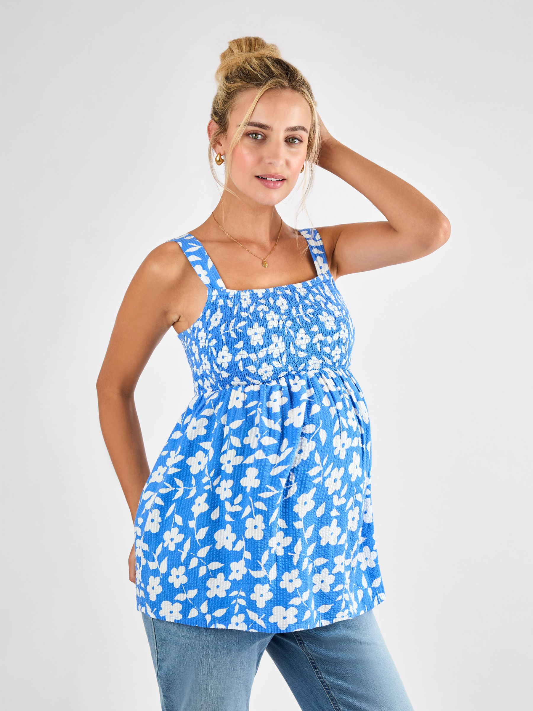 Blue Floral Shirred Maternity 100% Cotton Top - Image 1 of 4