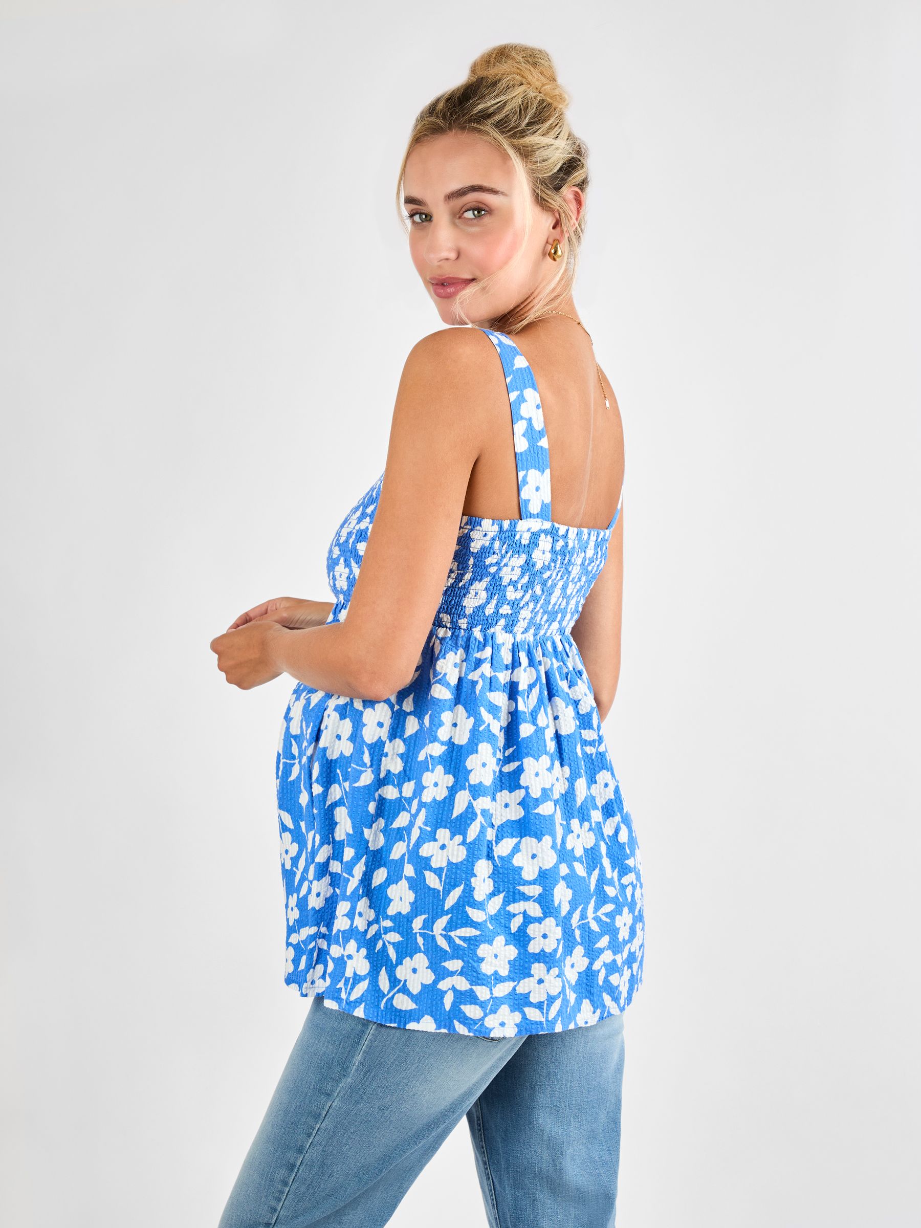Blue Floral Shirred Maternity 100% Cotton Top - Image 2 of 4