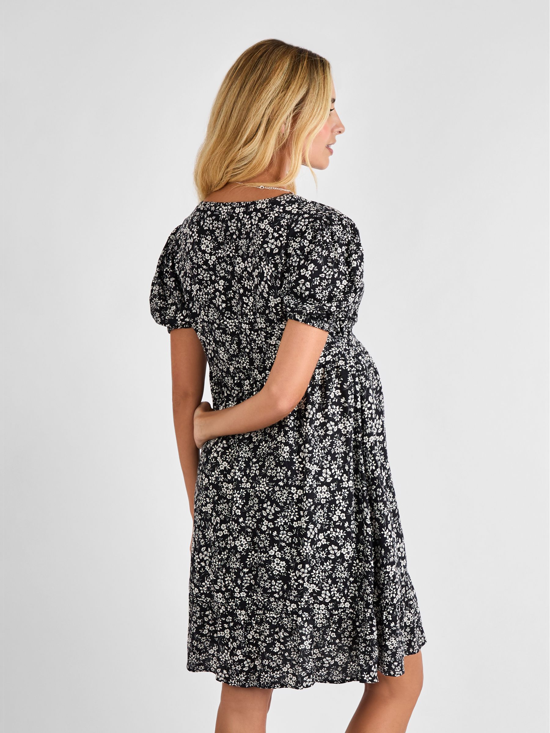 Black Floral Maternity Button Mini Dress With Tie - Image 3 of 5