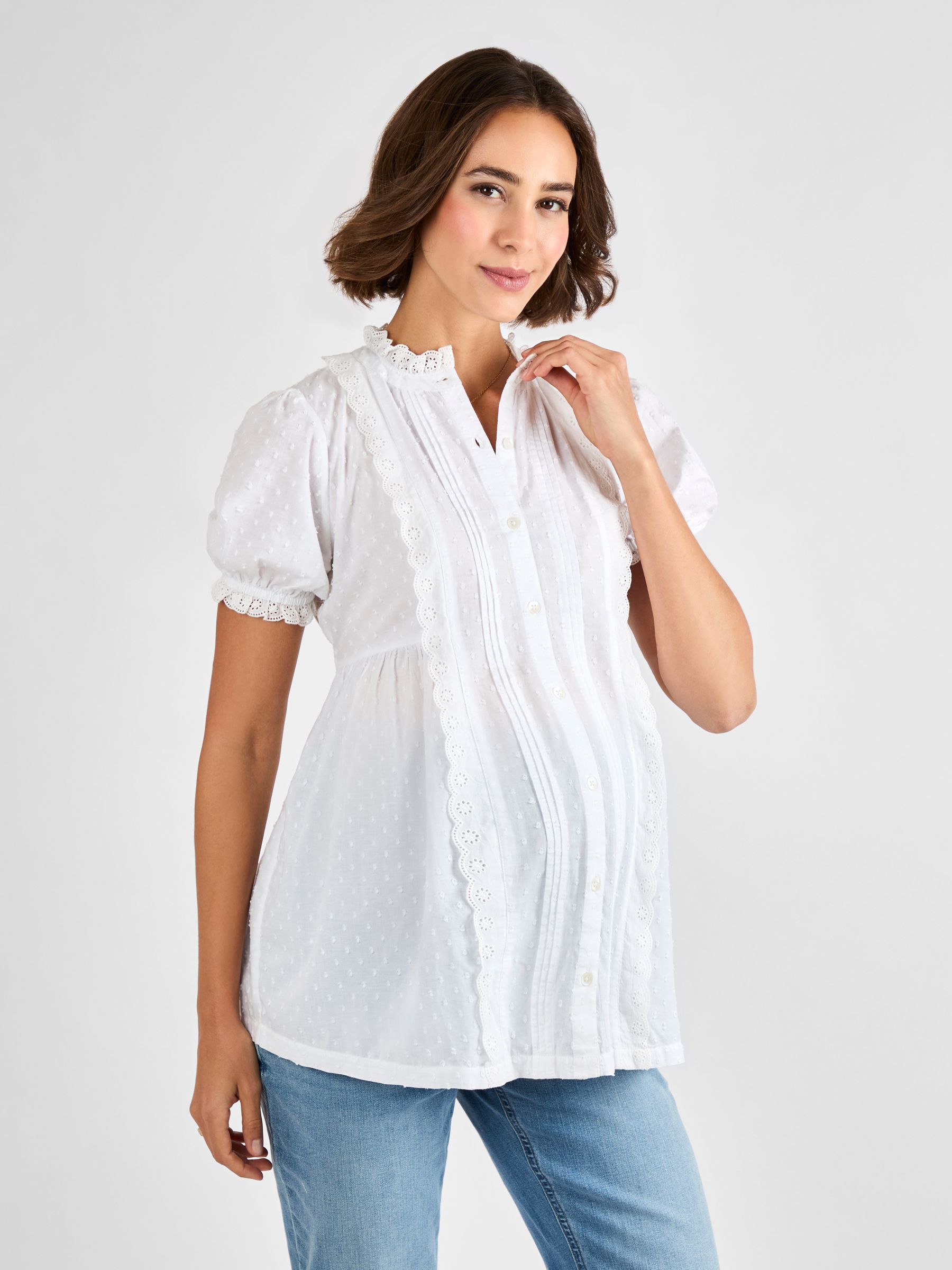 White Lace Trim Maternity Pintuck Blouse - Image 2 of 5