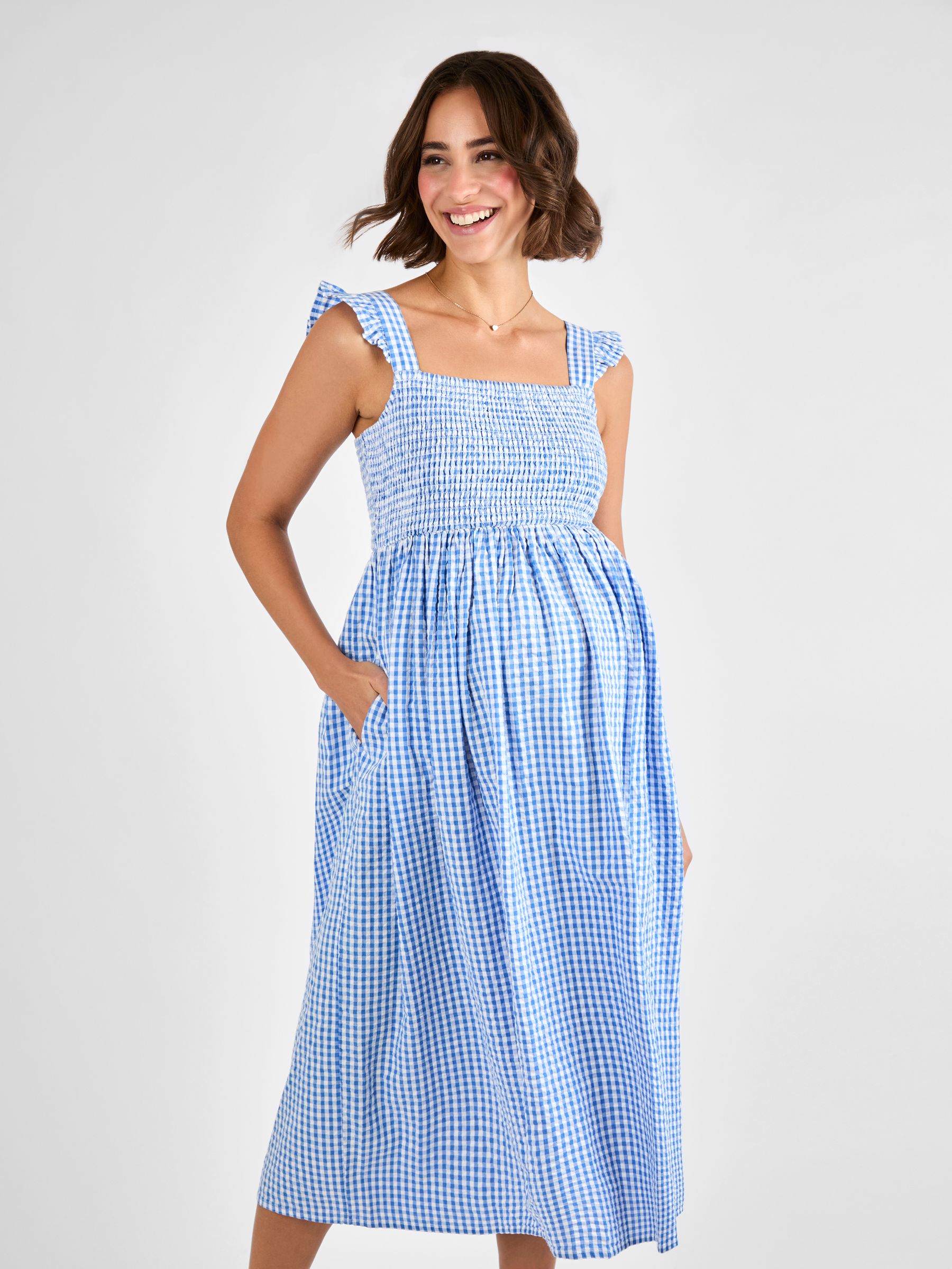 Blue Gingham Shirred Maternity Midi Dress - Image 3 of 4