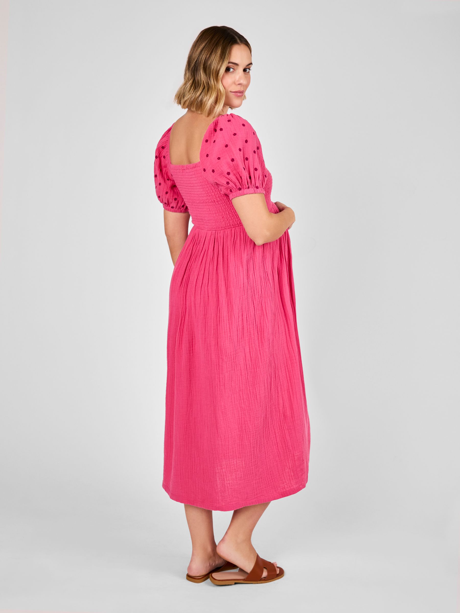 Pink Shirred Embroidered Maternity Midi Dress | JoJo Maman Bébé USA