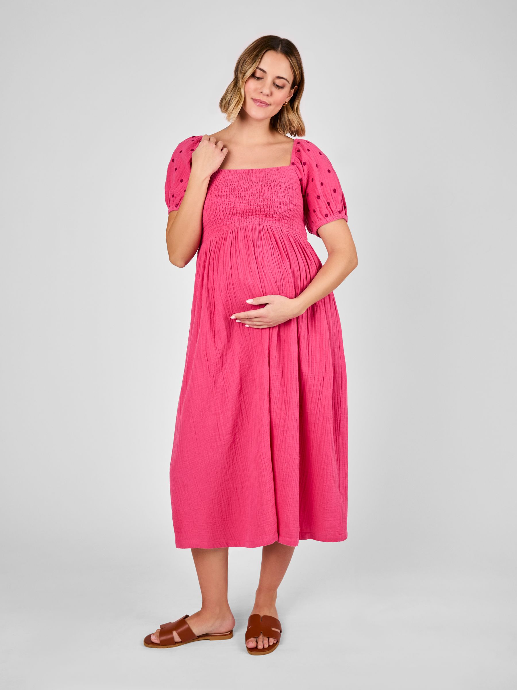 Pink Shirred Embroidered Maternity Midi Dress - Image 3 of 4