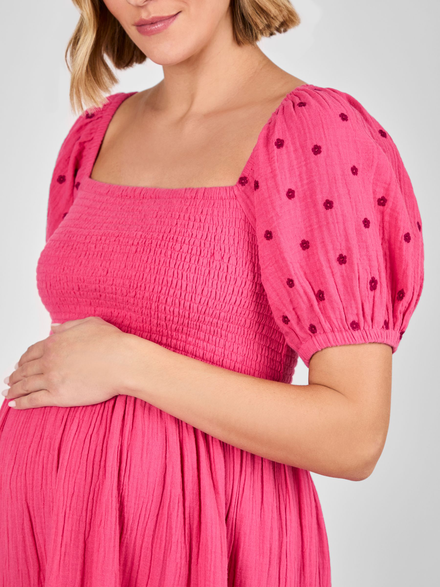 Pink Shirred Embroidered Maternity Midi Dress | JoJo Maman Bb USA Pink Shirred Embroidered Maternity Midi Dress | JoJo Maman Bb USA