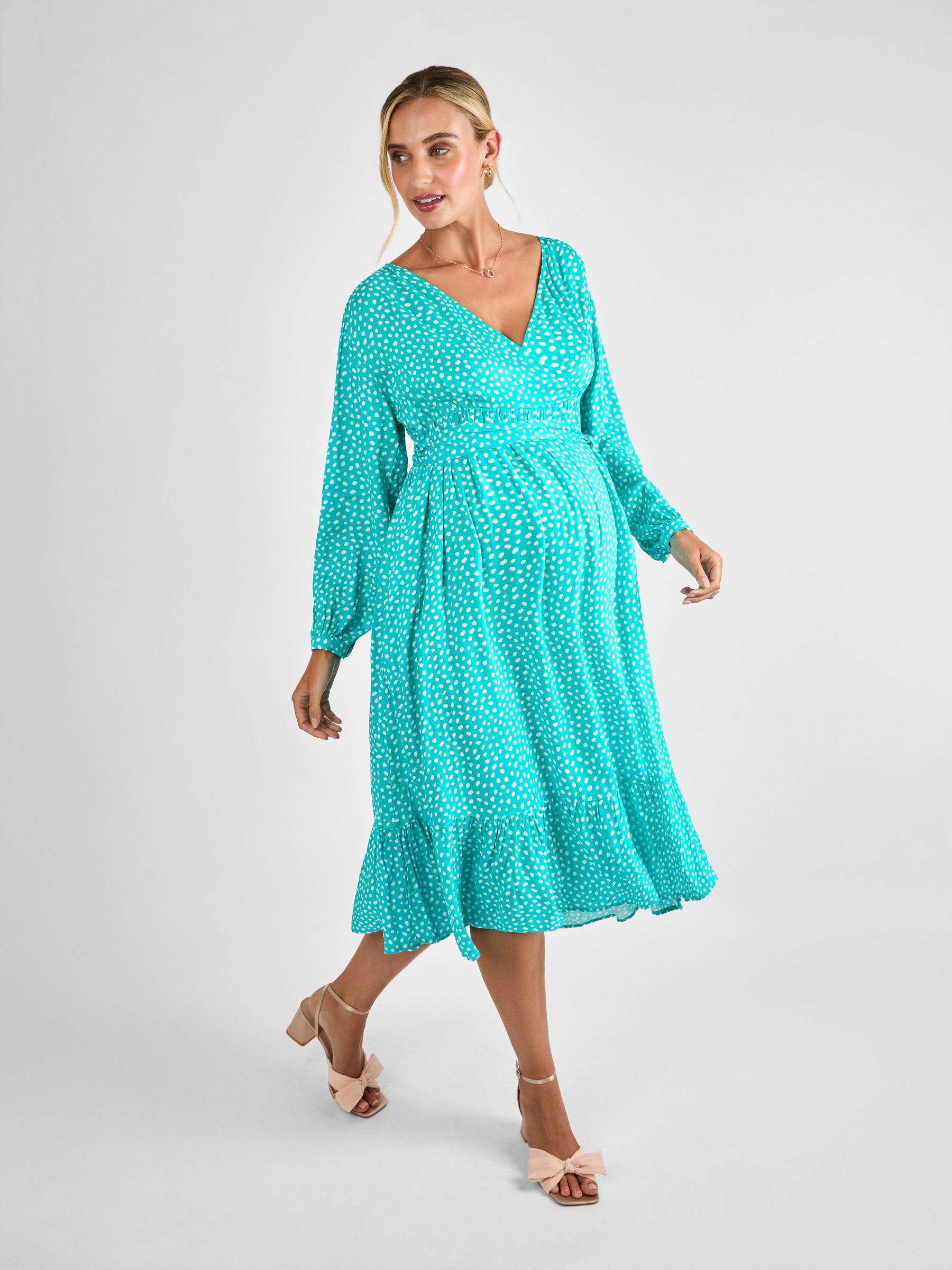 Green Spot Wrap Midi Maternity Dress - Image 3 of 4