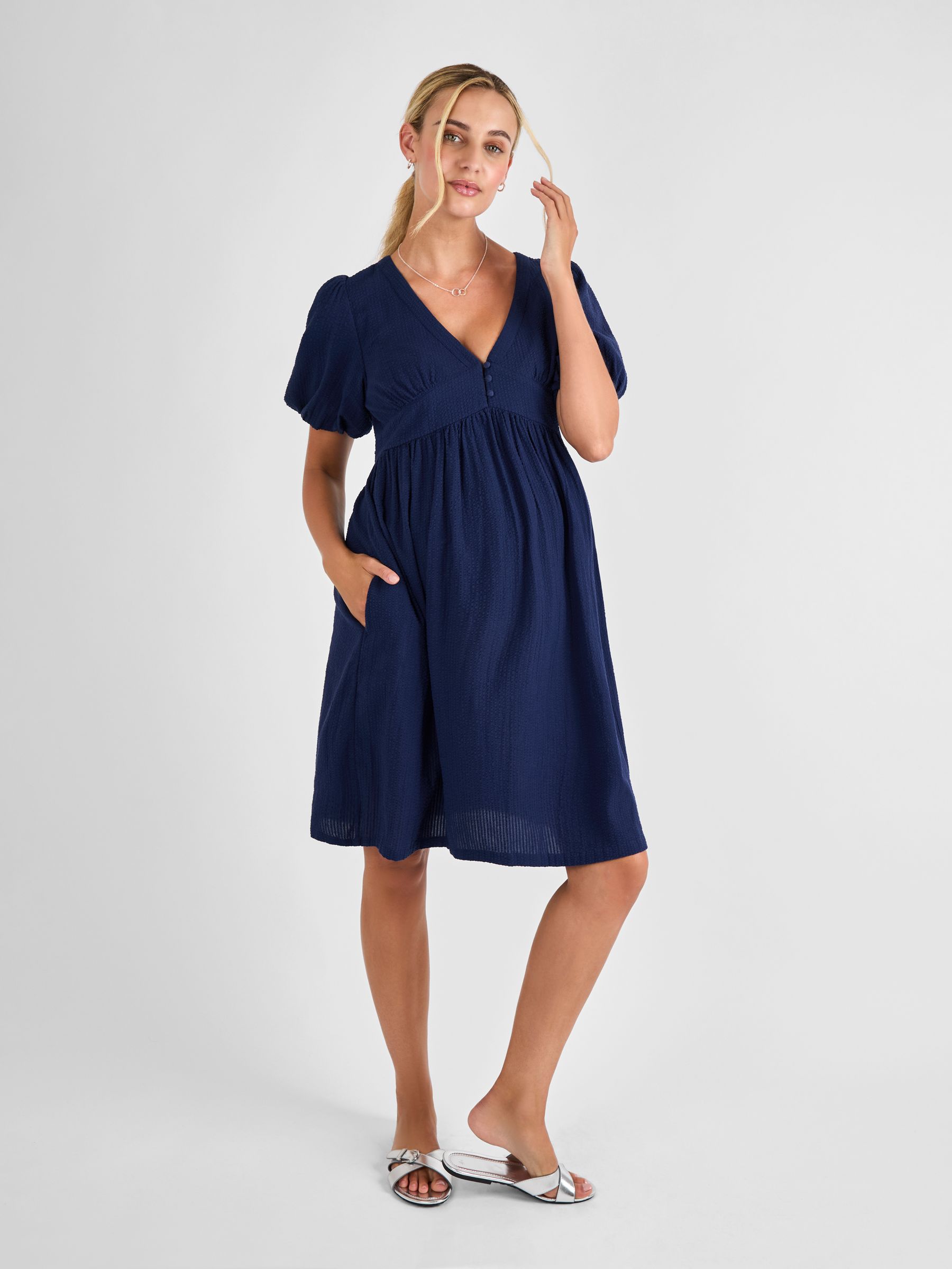 Navy Puff Sleeve Seersucker Maternity Mini Dress | JoJo Maman Bb USA