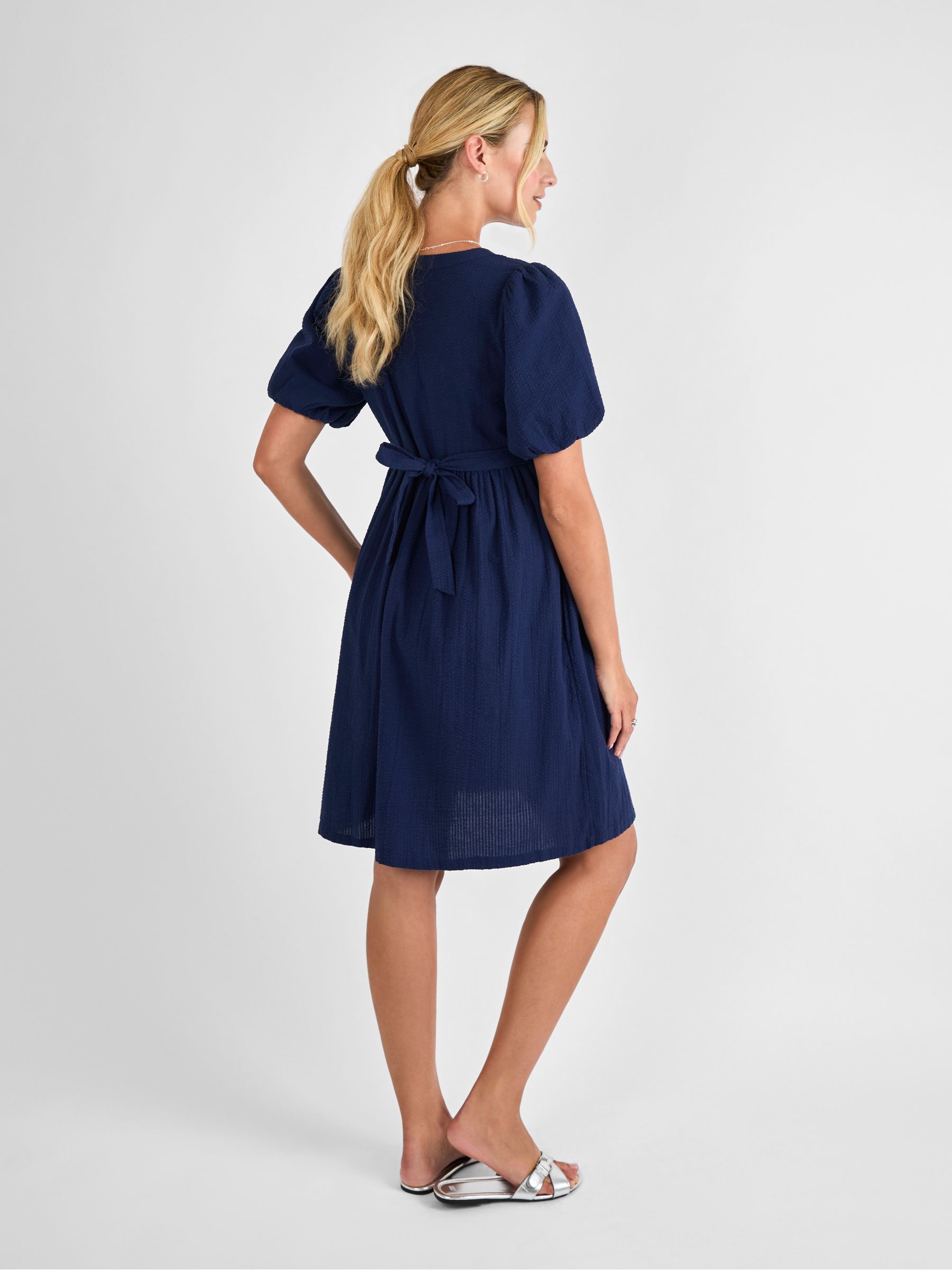 Navy Puff Sleeve Seersucker Maternity Mini Dress - Image 2 of 4
