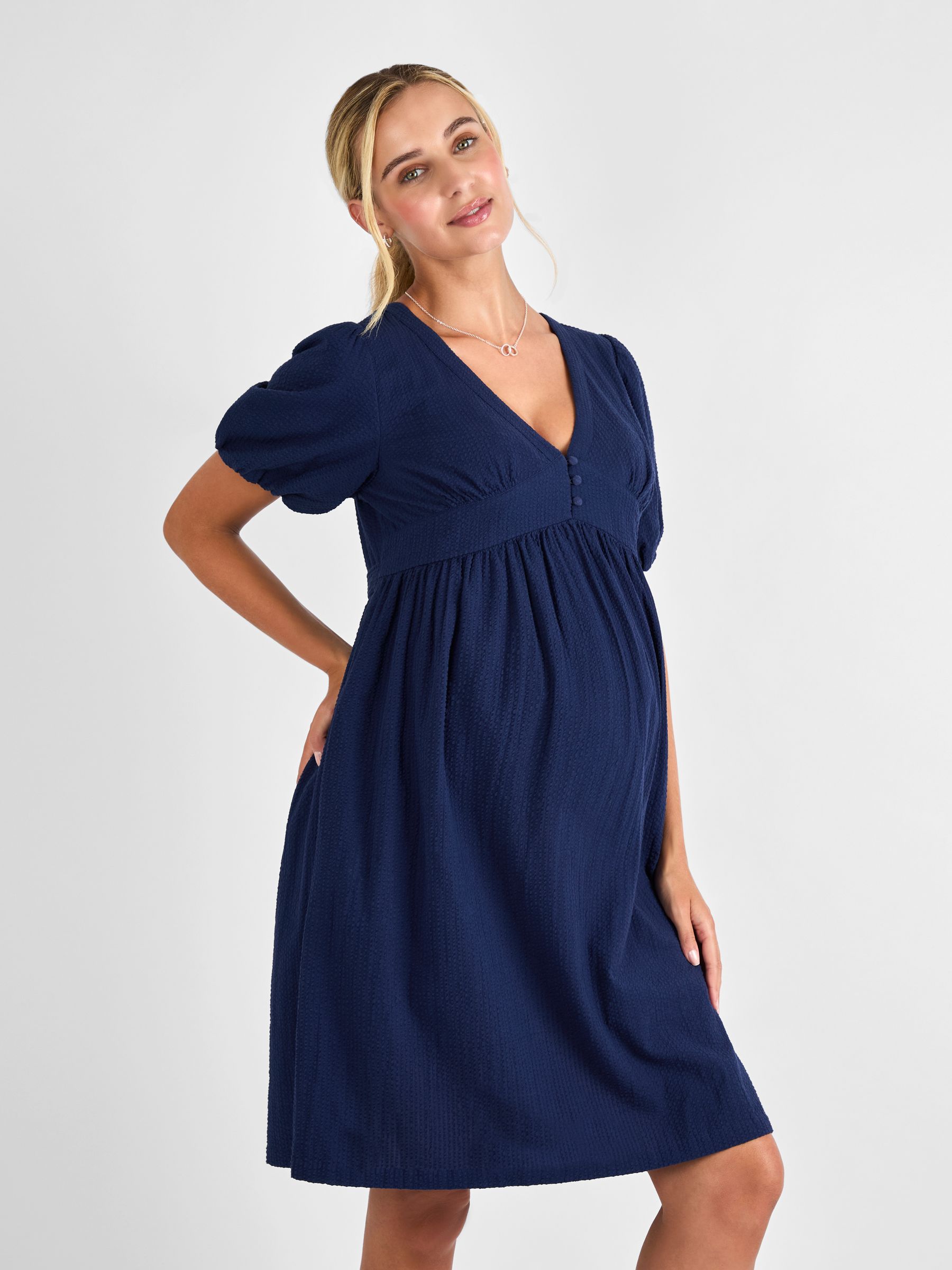 Navy Puff Sleeve Seersucker Maternity Mini Dress - Image 3 of 4