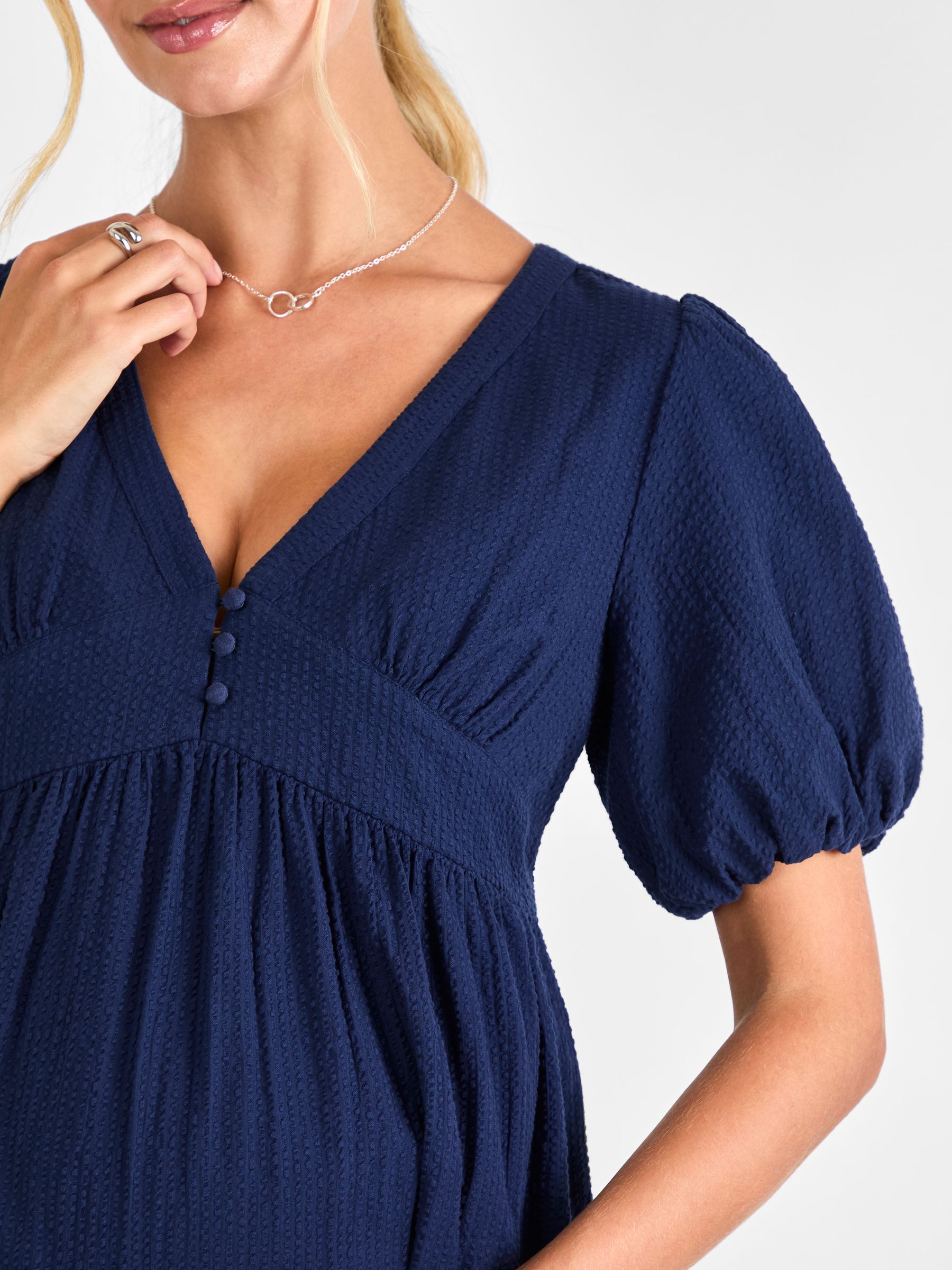 Navy Puff Sleeve Seersucker Maternity Mini Dress - Image 4 of 4