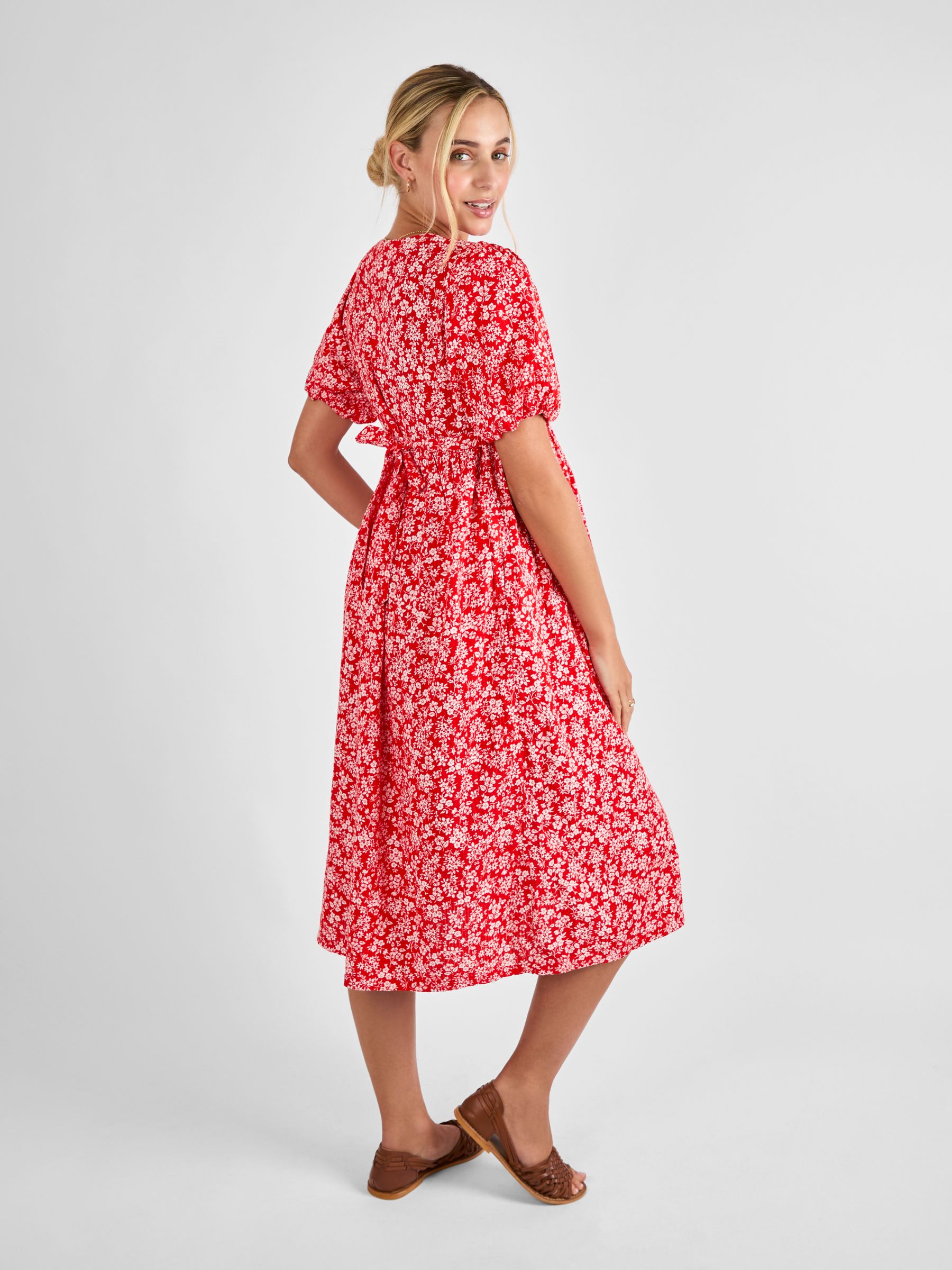 Red Maternity Floral Midi 100% Cotton Dress - Image 2 of 4