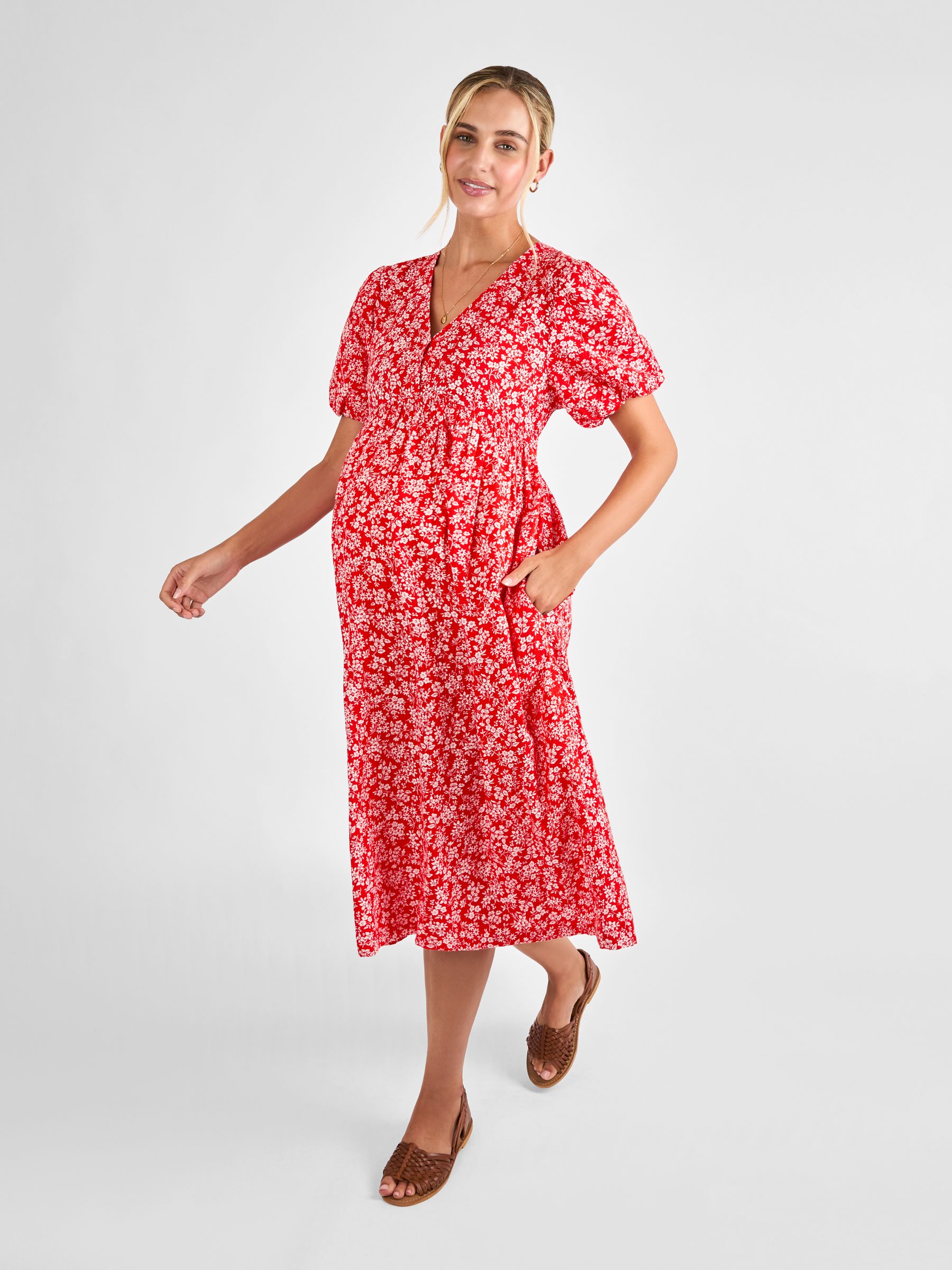 Red Maternity Floral Midi 100% Cotton Dress - Image 3 of 4