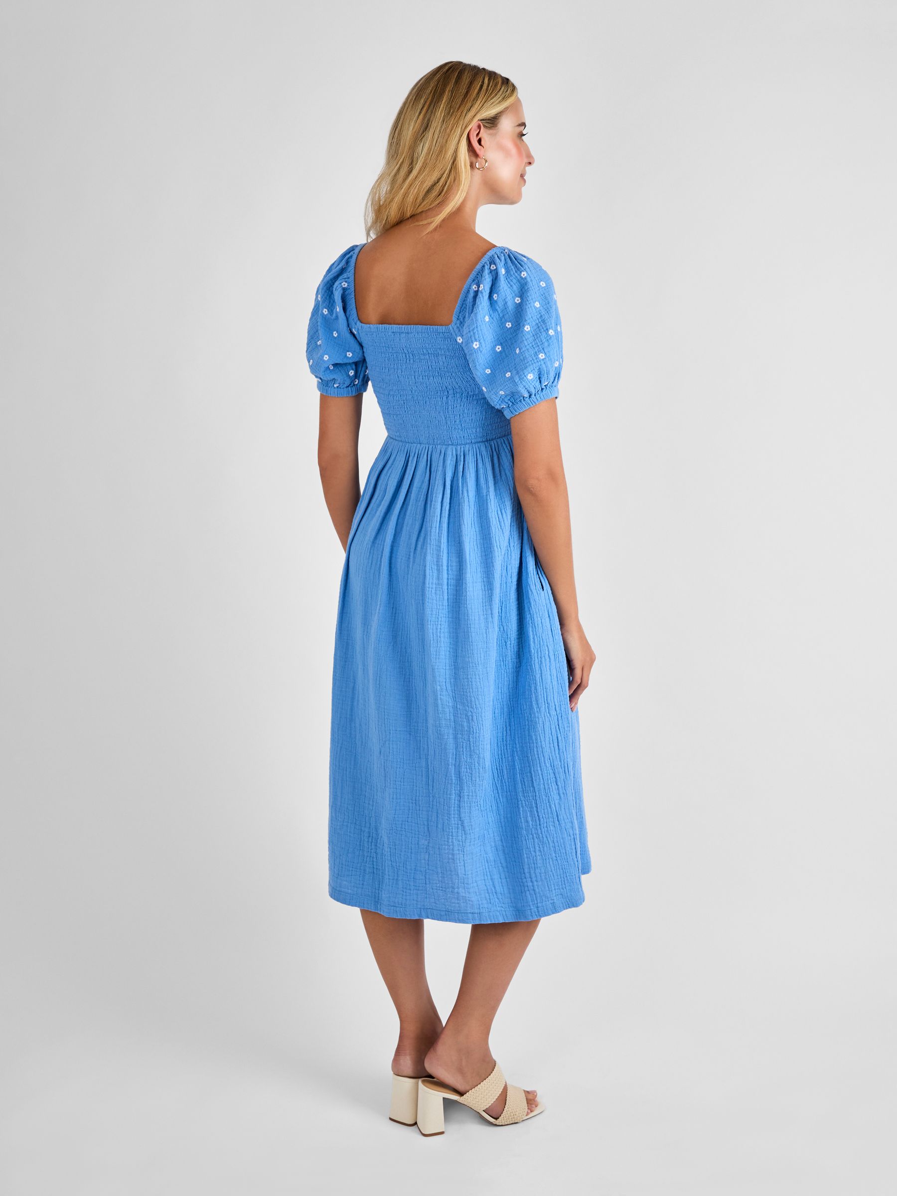 Blue Short Puff Sleeve Shirred Midi Dress | JoJo Maman Bb USA