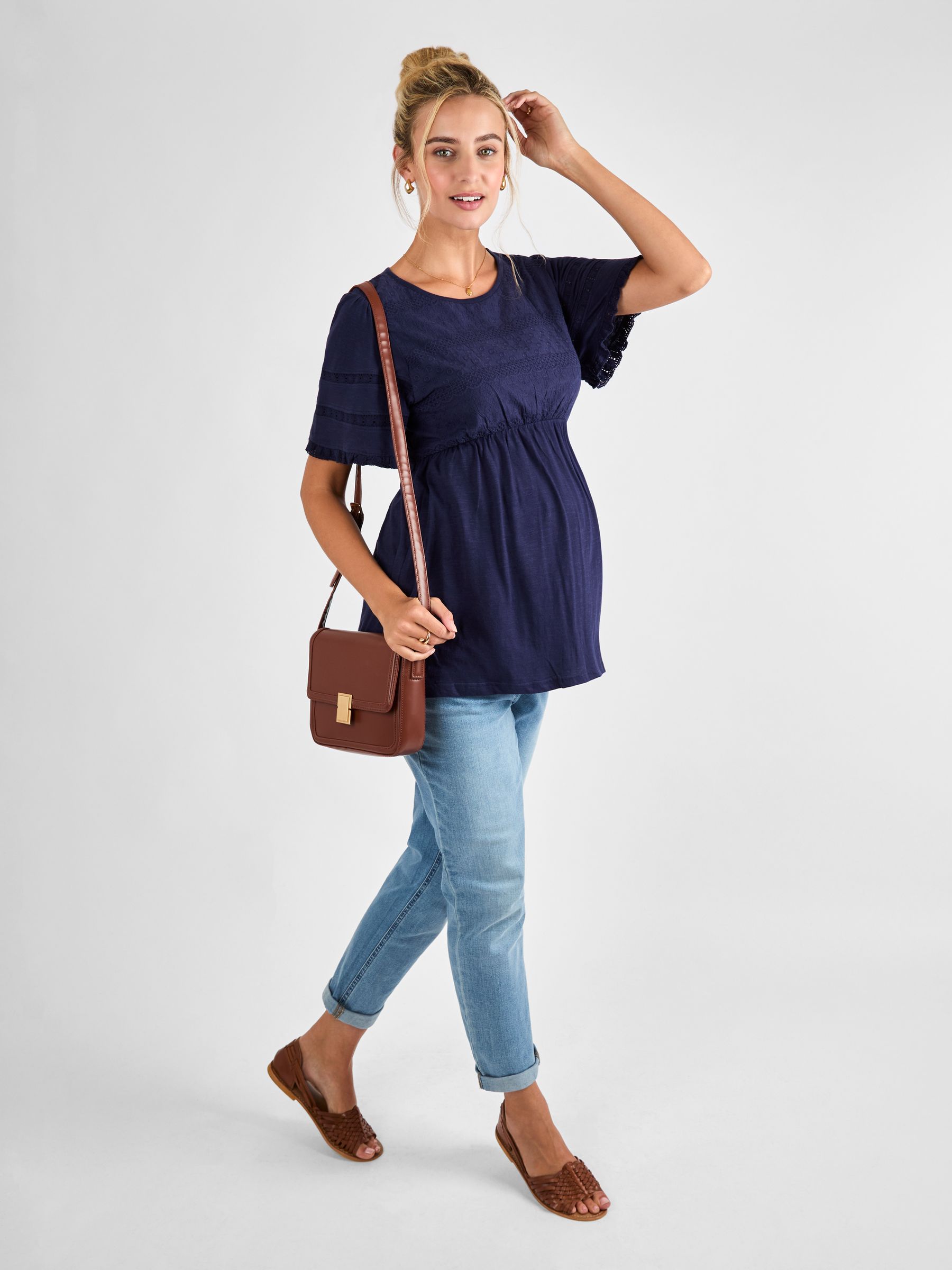 Navy Broderie Lace Trim Maternity Jersey Top - Image 3 of 4