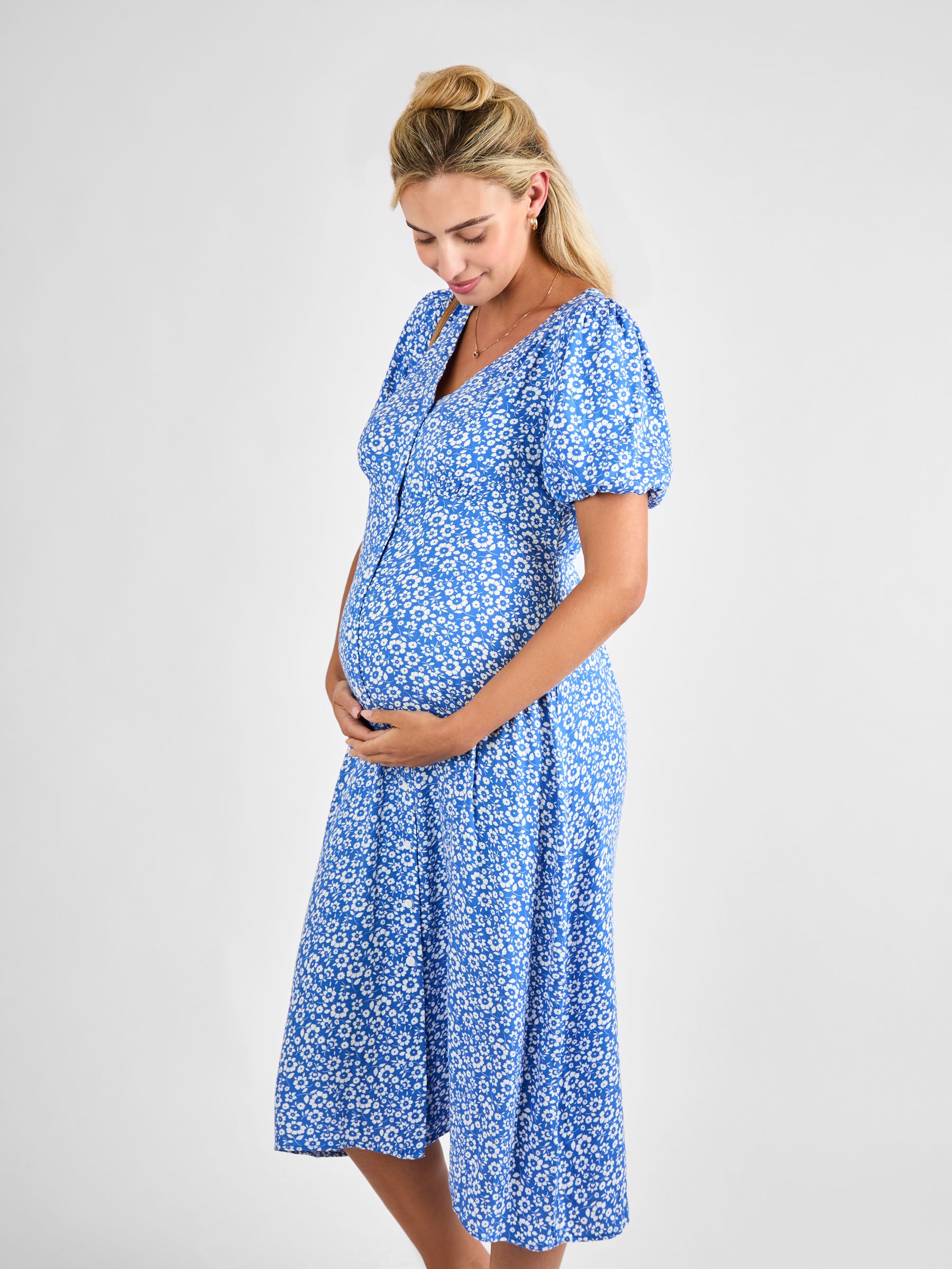 Blue Floral Maternity Midi Dress - Image 2 of 5