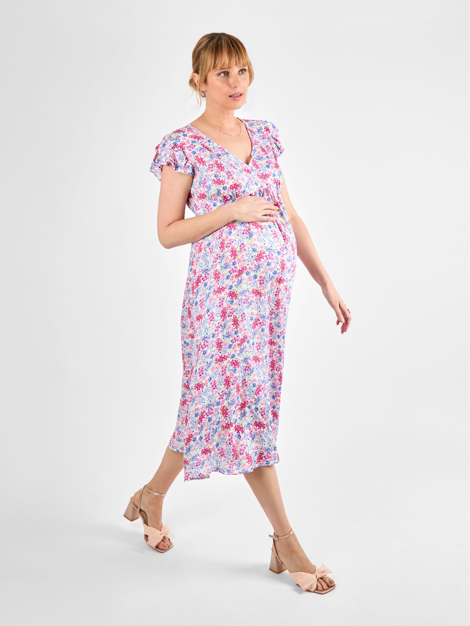 Cream Floral Frill Sleeve Maternity Midi Dress - Image 3 of 4