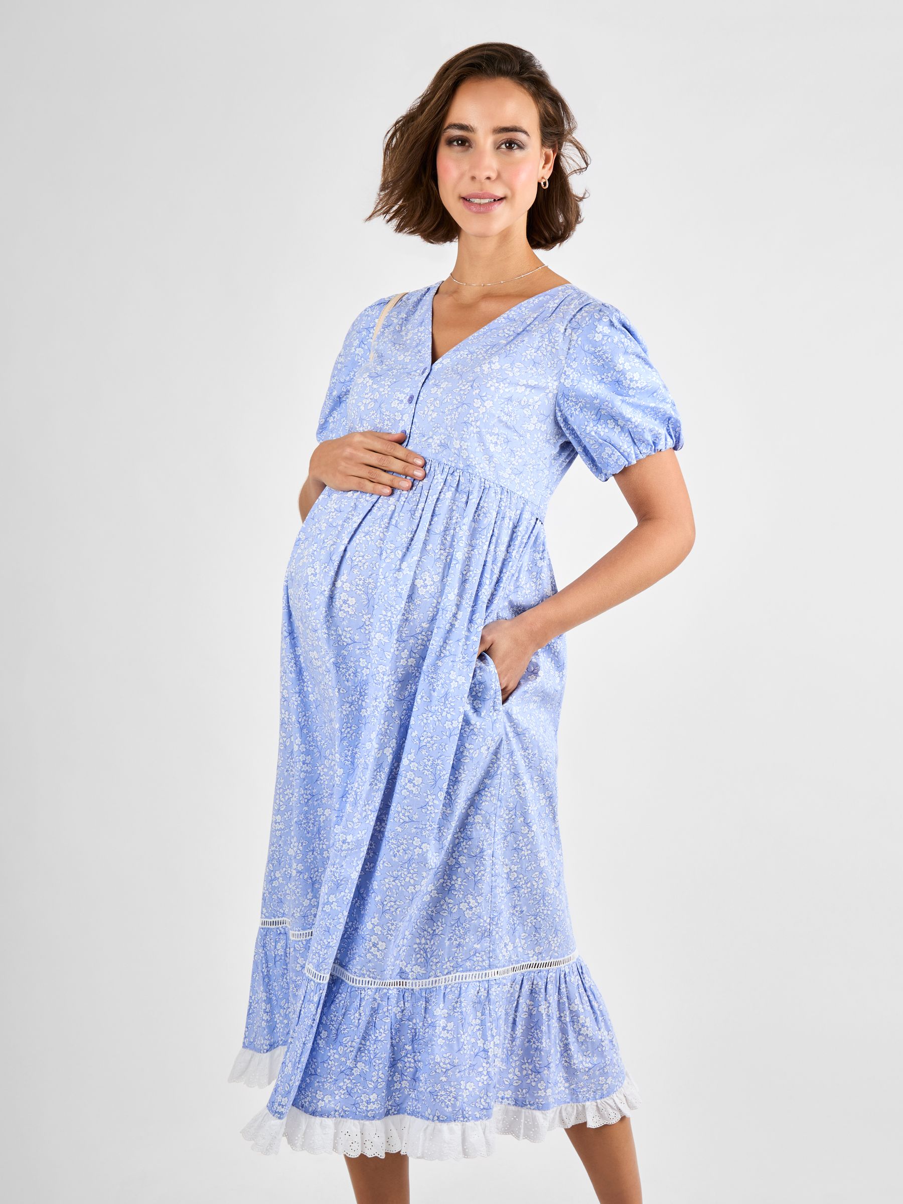 pink and blue floral maternity dress Blue Floral Chiffon Ruffle Accent Maternity Maxi Dress PinkBlush