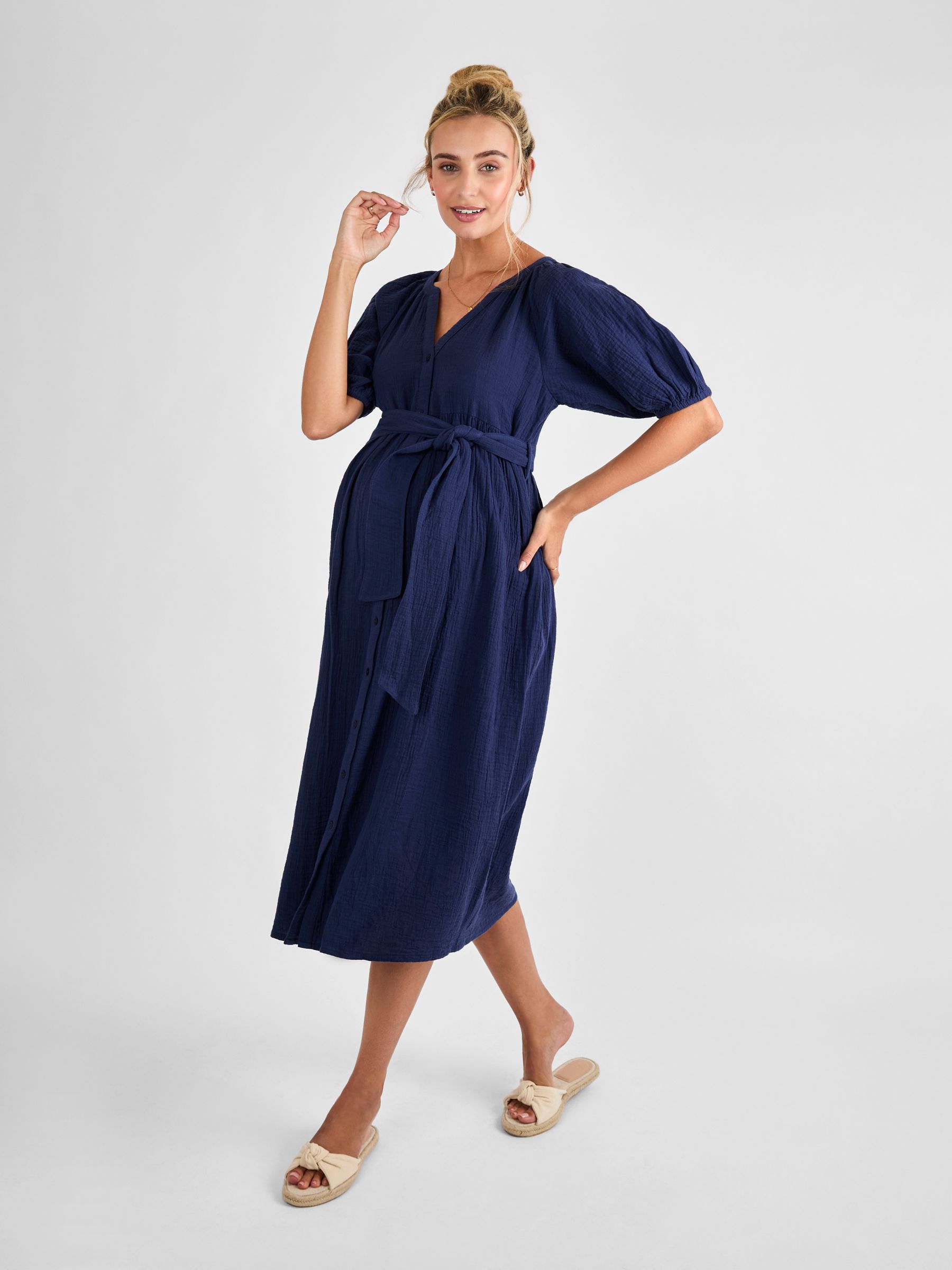blue dress for baby girl Angel Maternity Lilliana Maternity Maxi Linen Dress in Navy main image 0