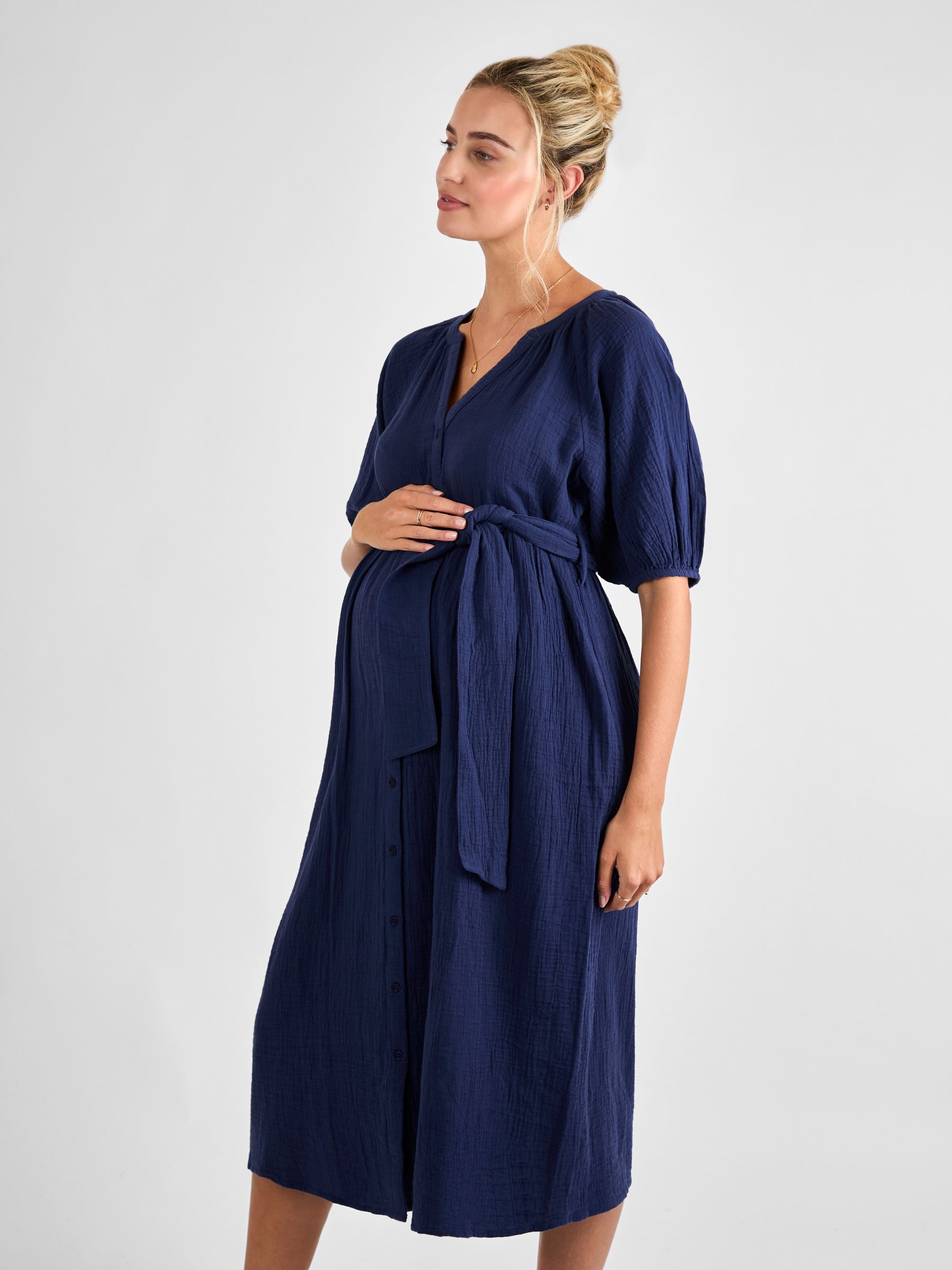 Navy Textured Button Through Maternity Shirt Dress - Image 3 of 4