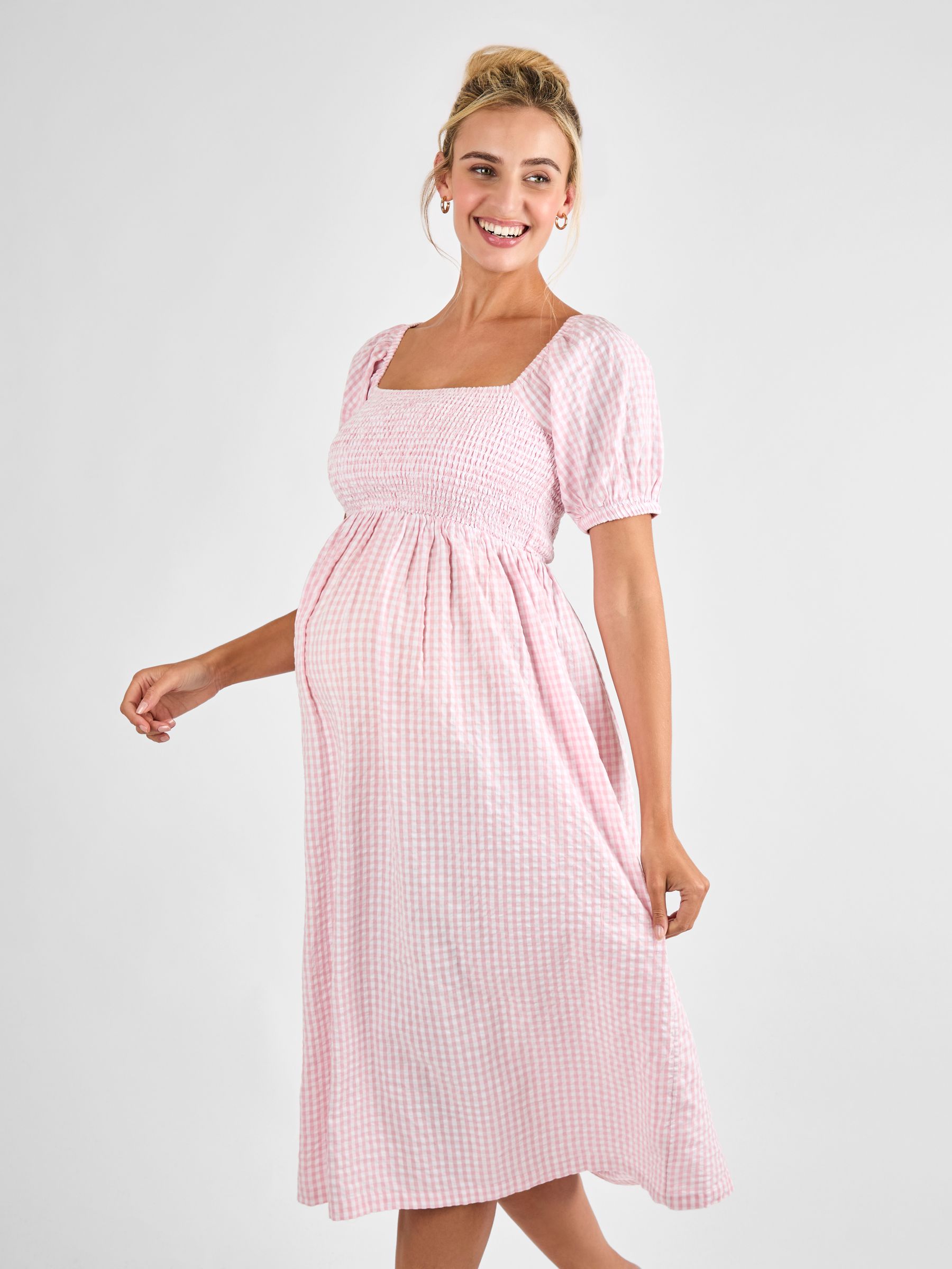 Pink Gingham Shirred Maternity Midi Dress - Image 2 of 4
