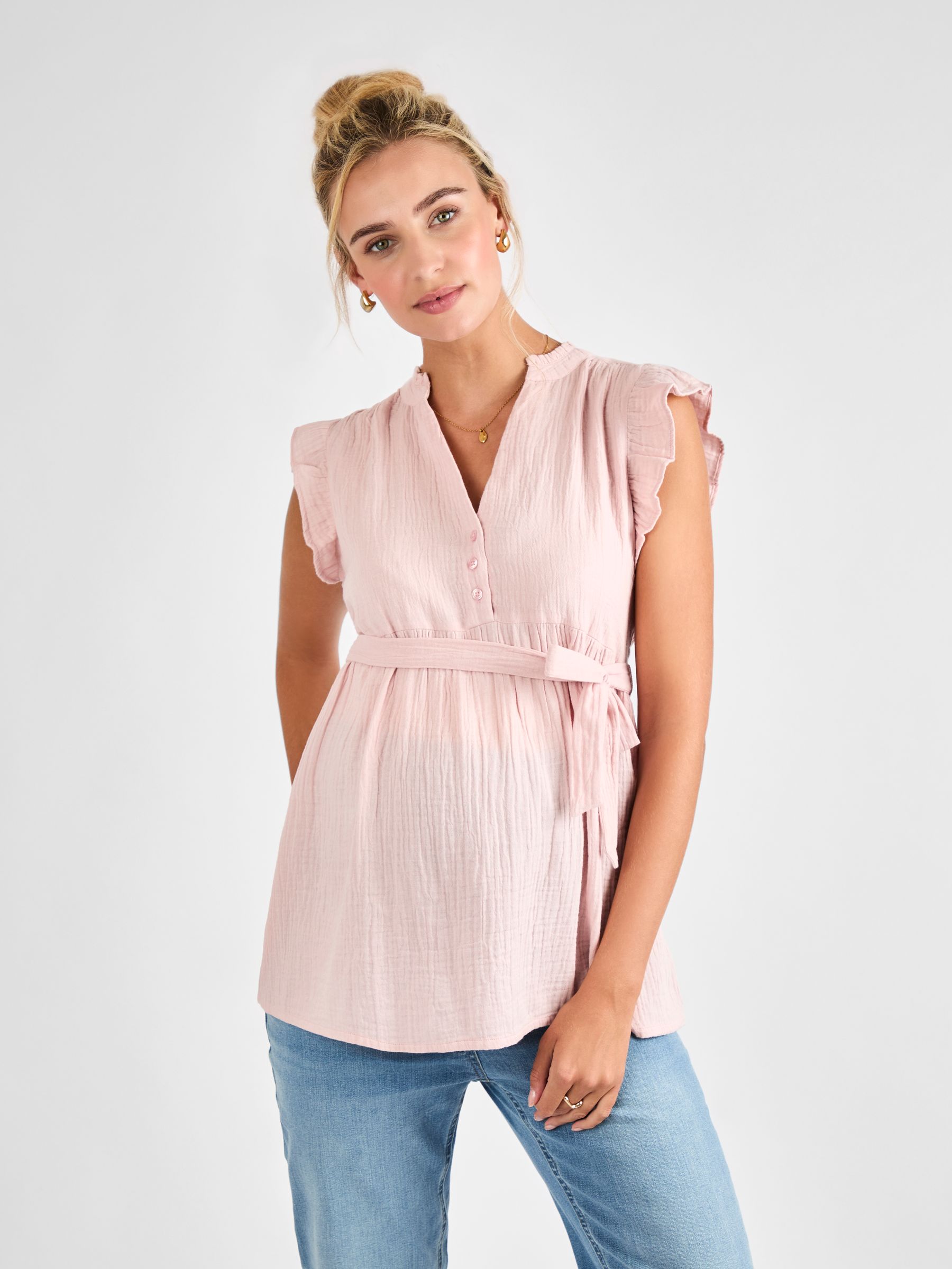 Rose Maternity Frill Sleeve Textured 100% Cotton Blouse - Image 1 of 4