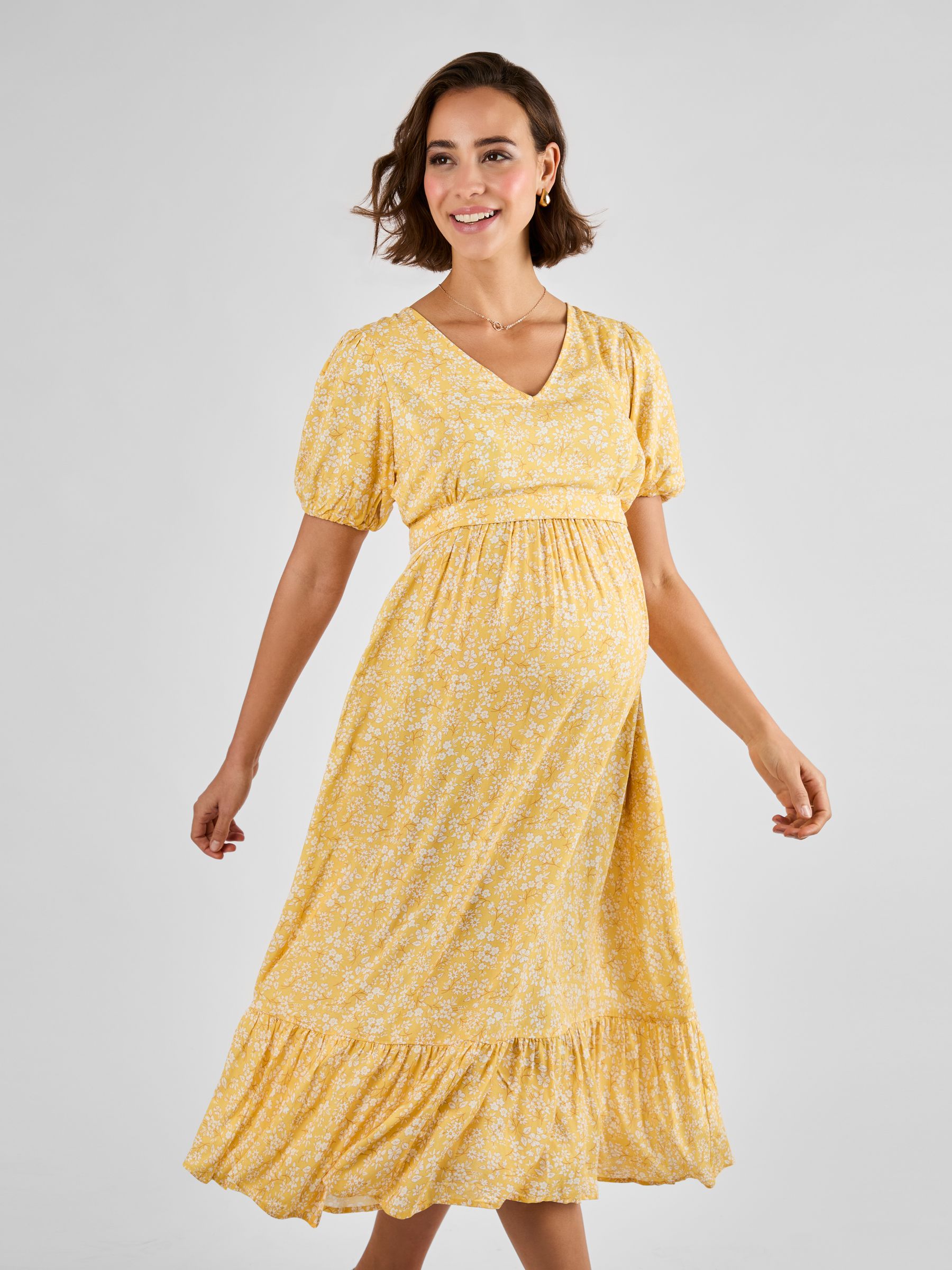Yellow Floral Maternity & Nursing Midi Dress - Image 1 of 4