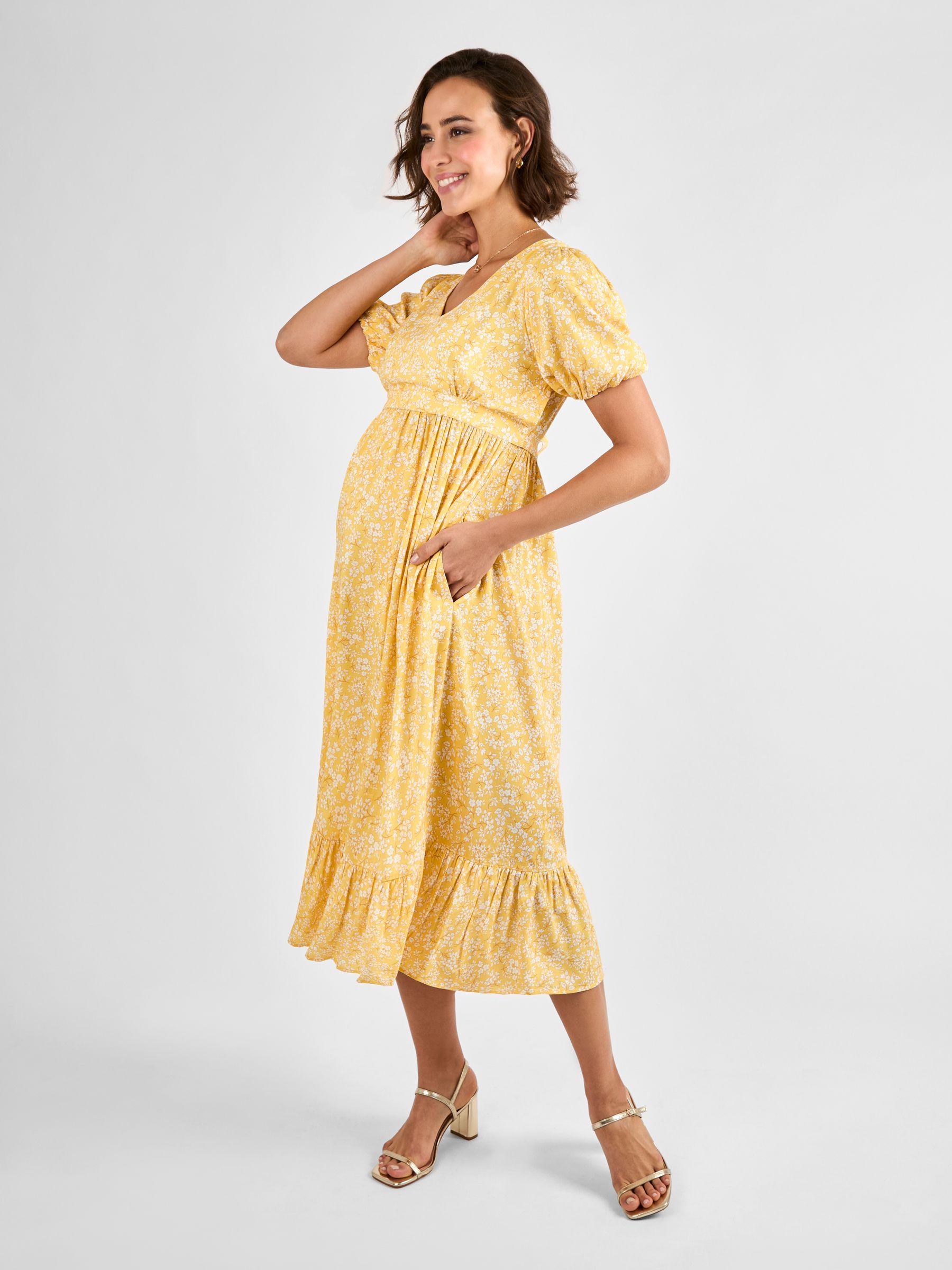 Yellow Floral Maternity & Nursing Midi Dress | JoJo Maman Bébé USA