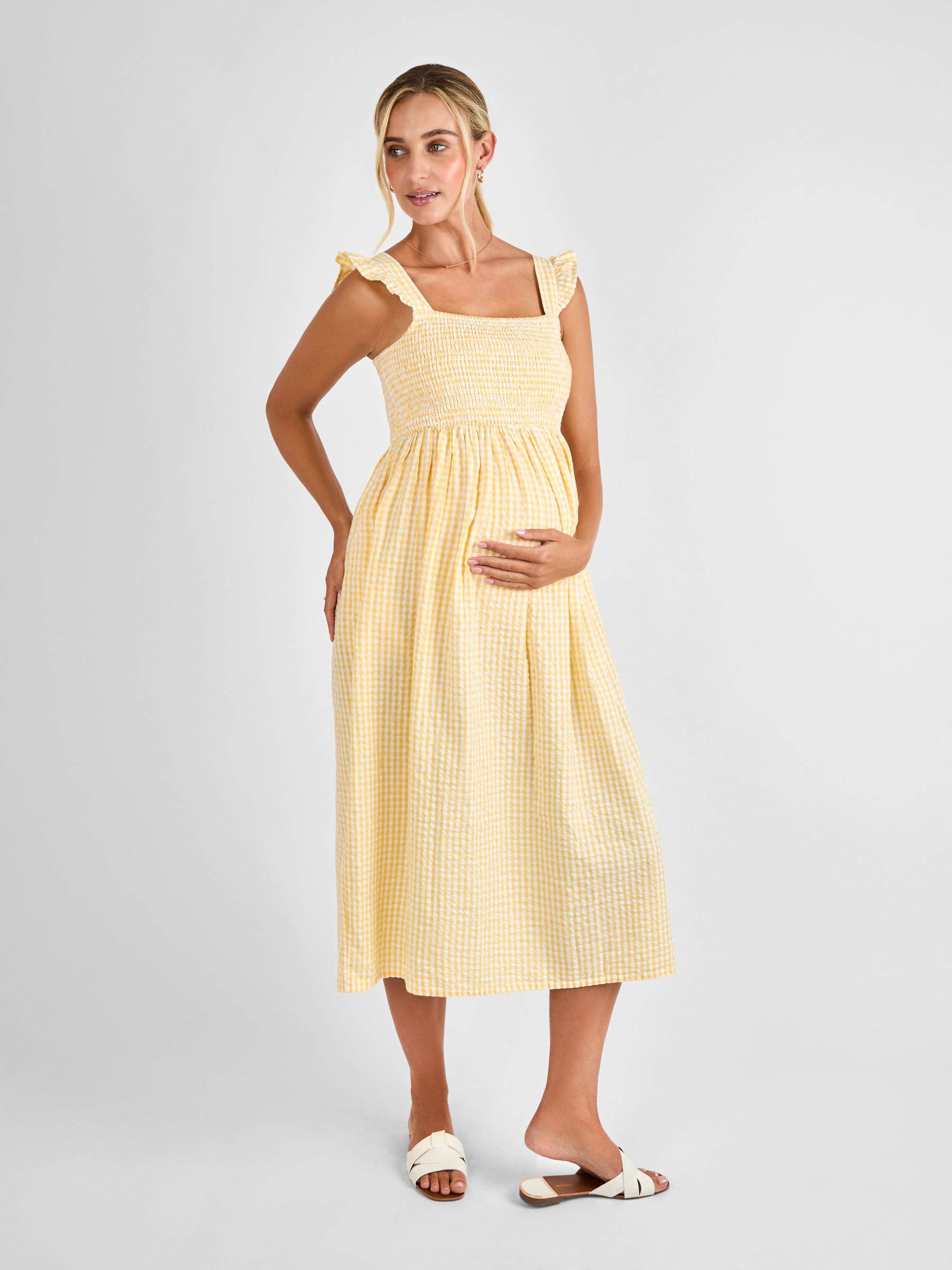Yellow Gingham Shirred Maternity Midi Dress - Image 2 of 5