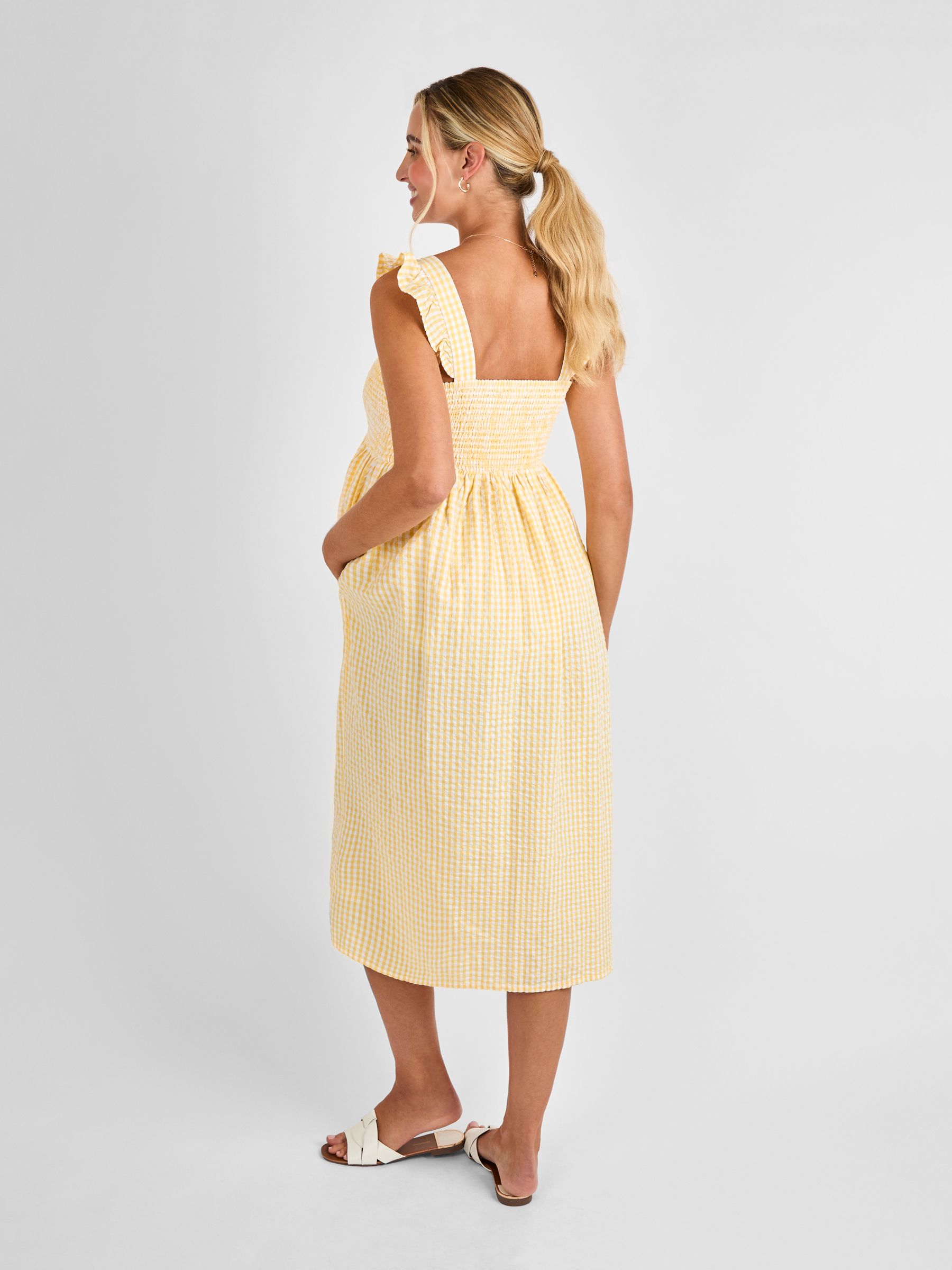 Yellow Gingham Shirred Maternity Midi Dress - Image 3 of 5