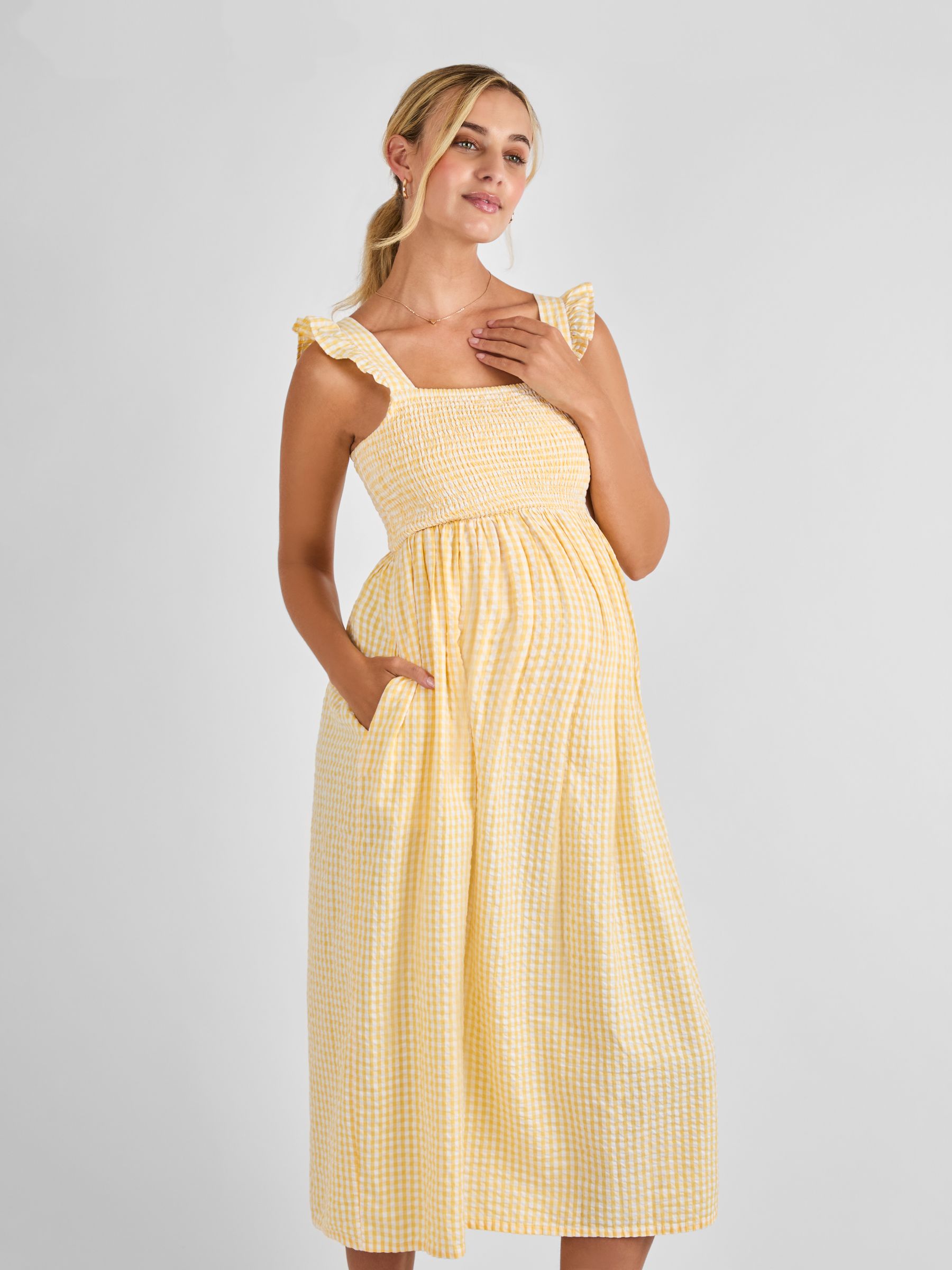 Yellow Gingham Shirred Maternity Midi Dress - Image 4 of 5