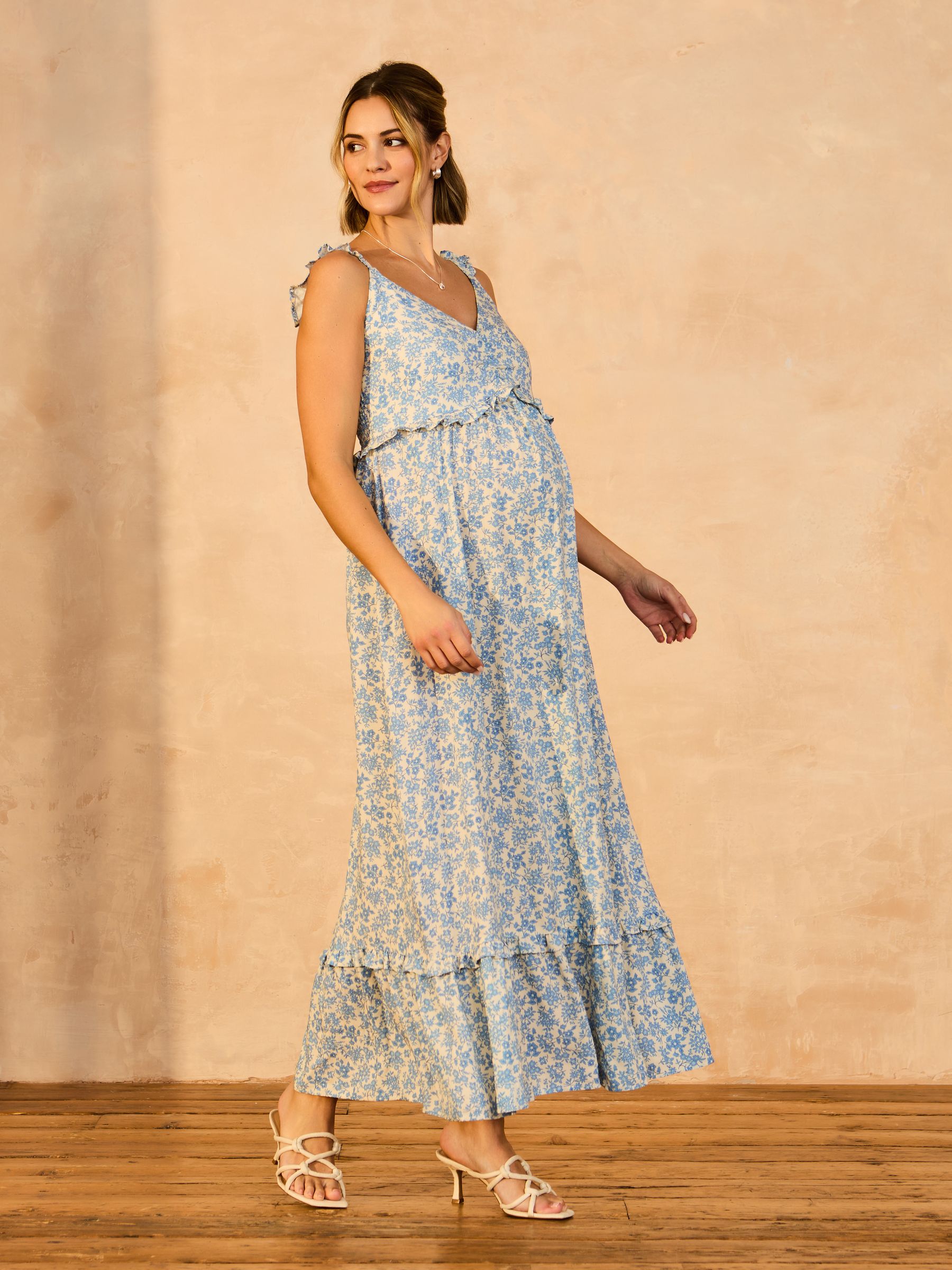 Cream Floral Frill Sleeve Maternity Midaxi Dress