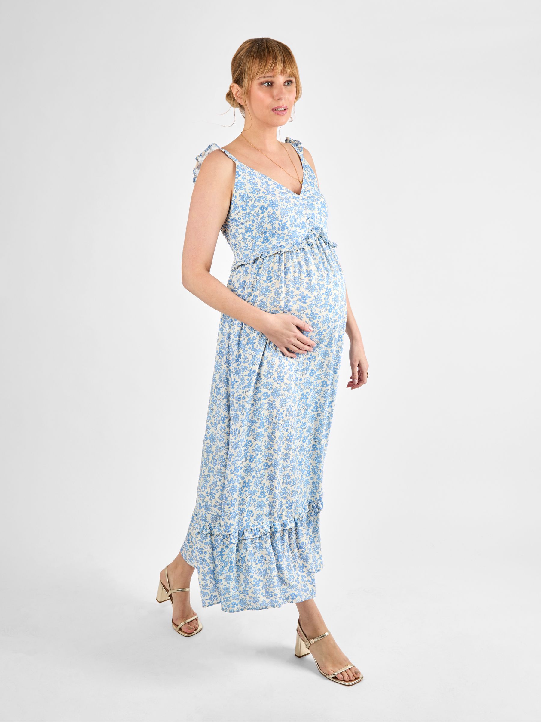 Cream Floral Frill Sleeve Maternity Midaxi Dress - Image 2 of 5