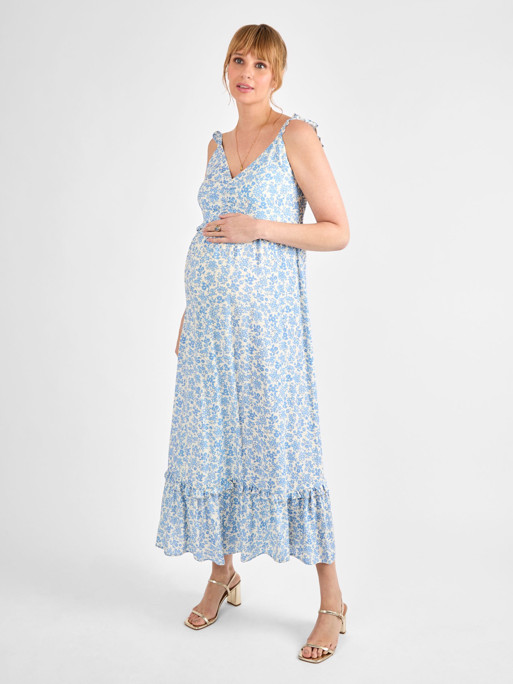 Cream Floral Frill Sleeve Maternity Midaxi Dress - Image 4 of 5