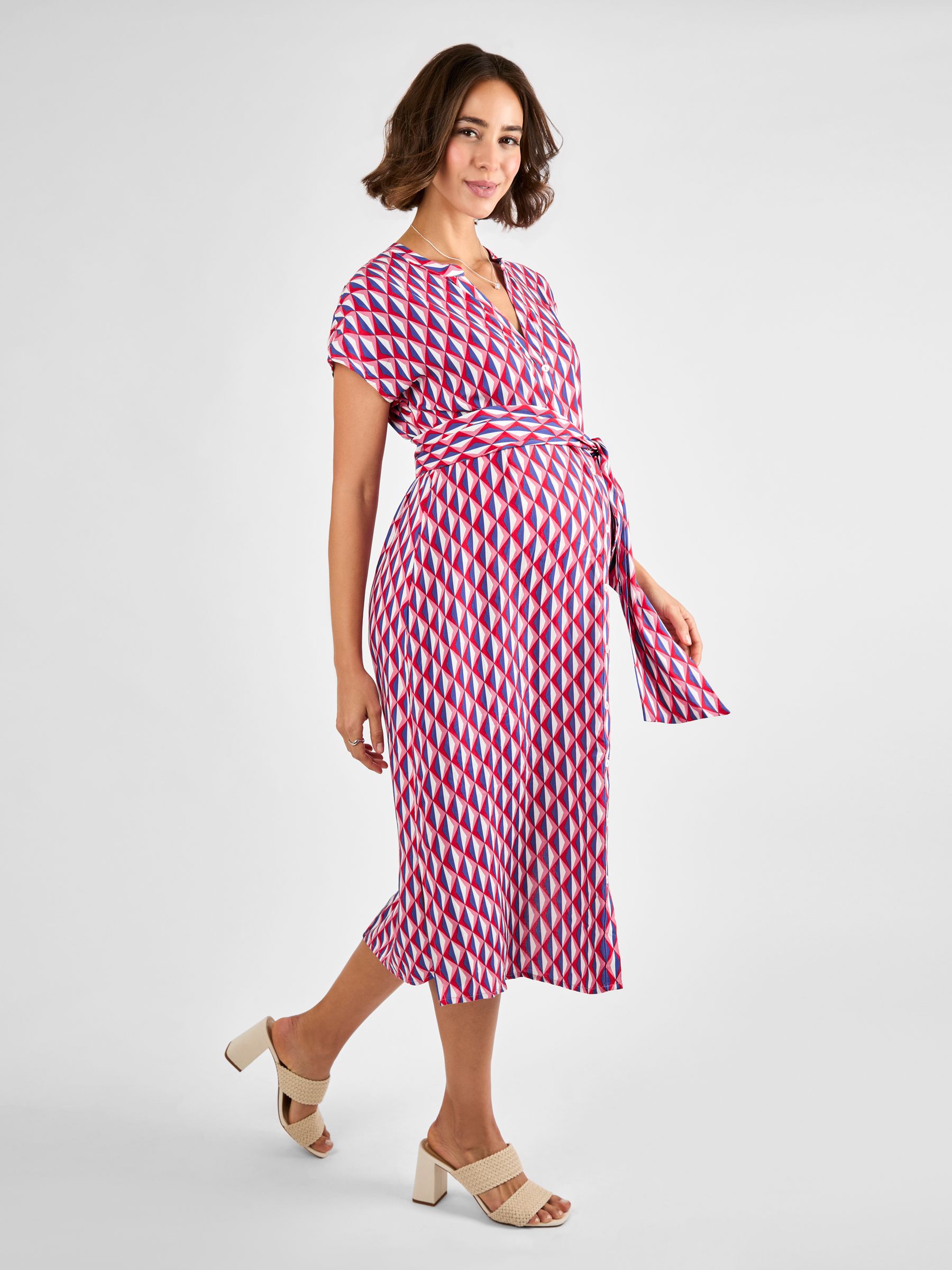 Cream Button Through Maternity Midi Dress With Tie - Image 3 of 4