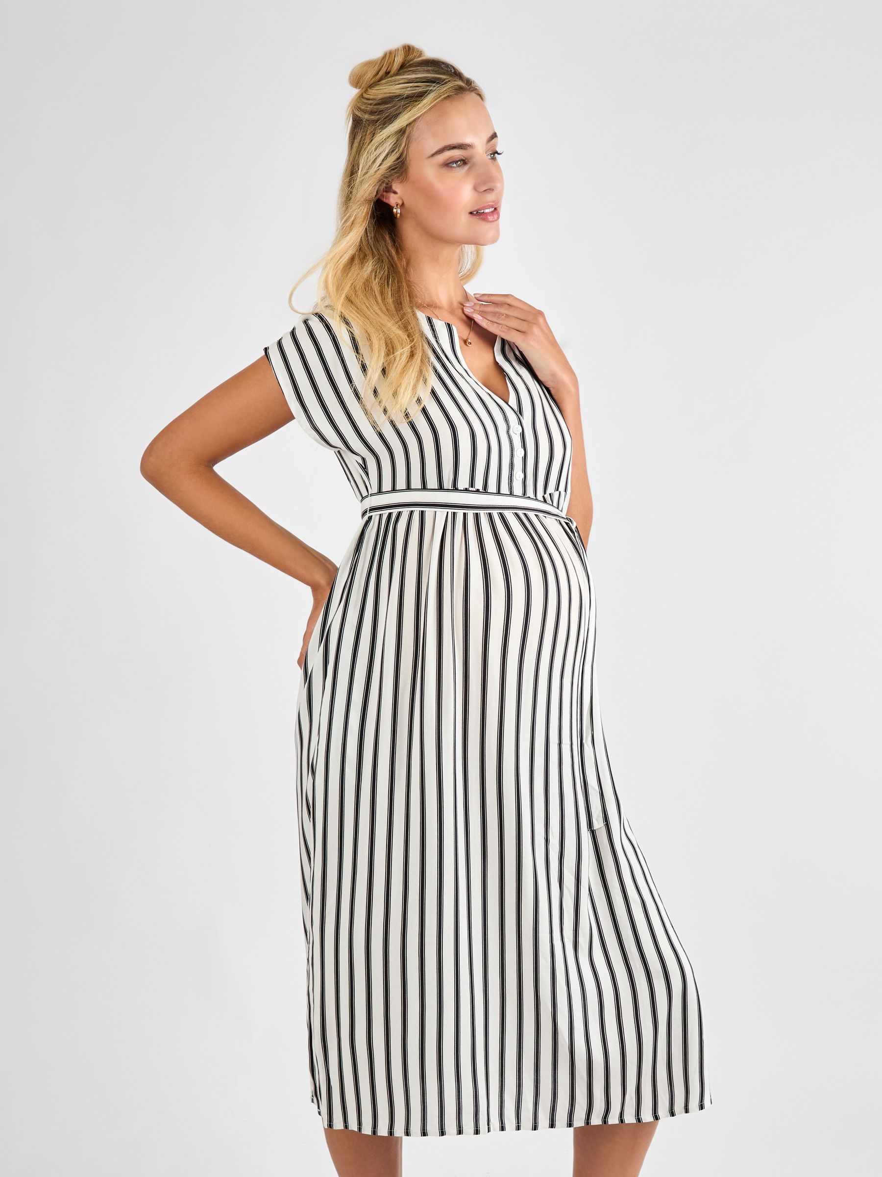 Black Cream Stripe Button Front Maternity Midi Dress - Image 1 of 4