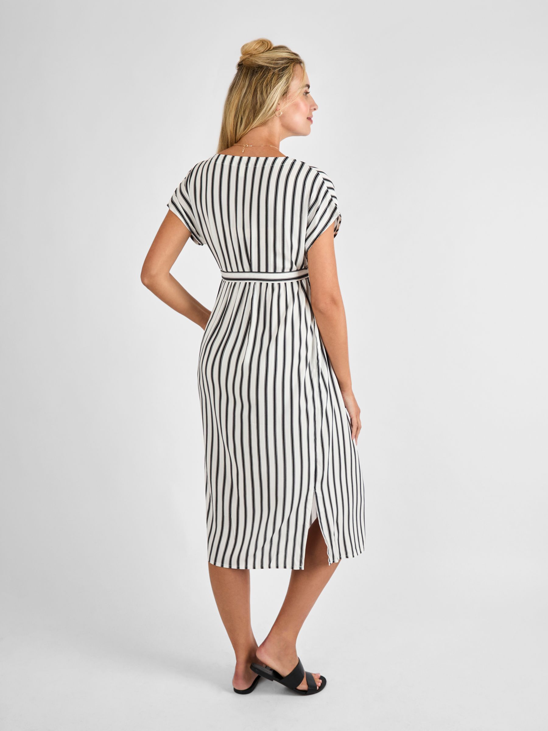 Black Cream Stripe Button Front Maternity Midi Dress - Image 2 of 4