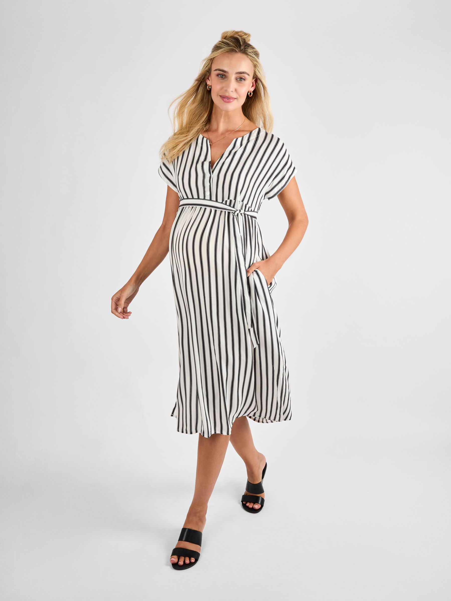 Black Cream Stripe Button Front Maternity Midi Dress - Image 3 of 4