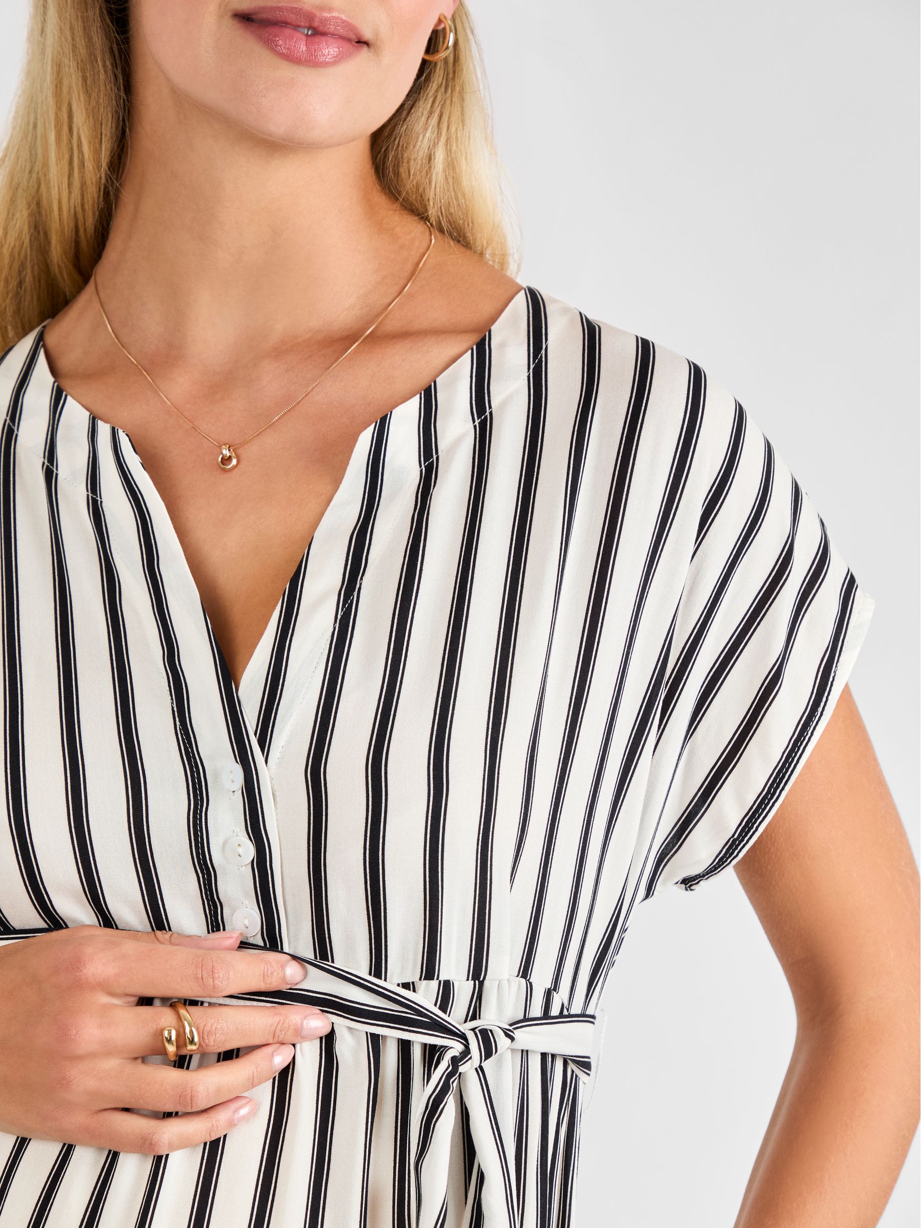 Black Cream Stripe Button Front Maternity Midi Dress - Image 4 of 4