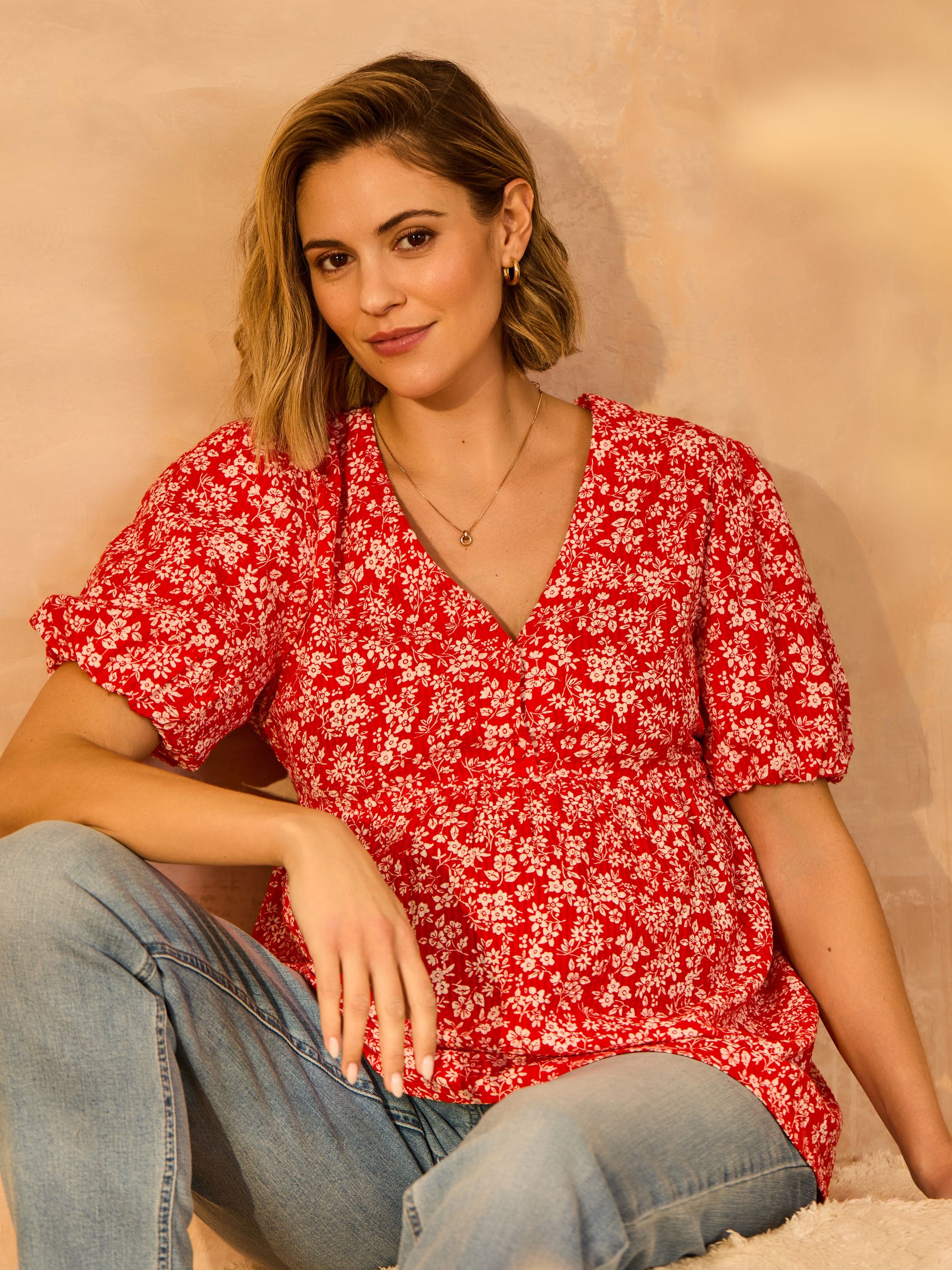 Red Maternity Short Sleeve Seersucker 100% Cotton Blouse - Image 1 of 4